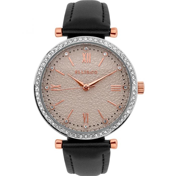 Ellis & Co Emily Crystal Set Black Leather Women's Watch with Rose Gold Tones - Elegant Fashion Accessory for Everyday Wear, Office & Special Occasions