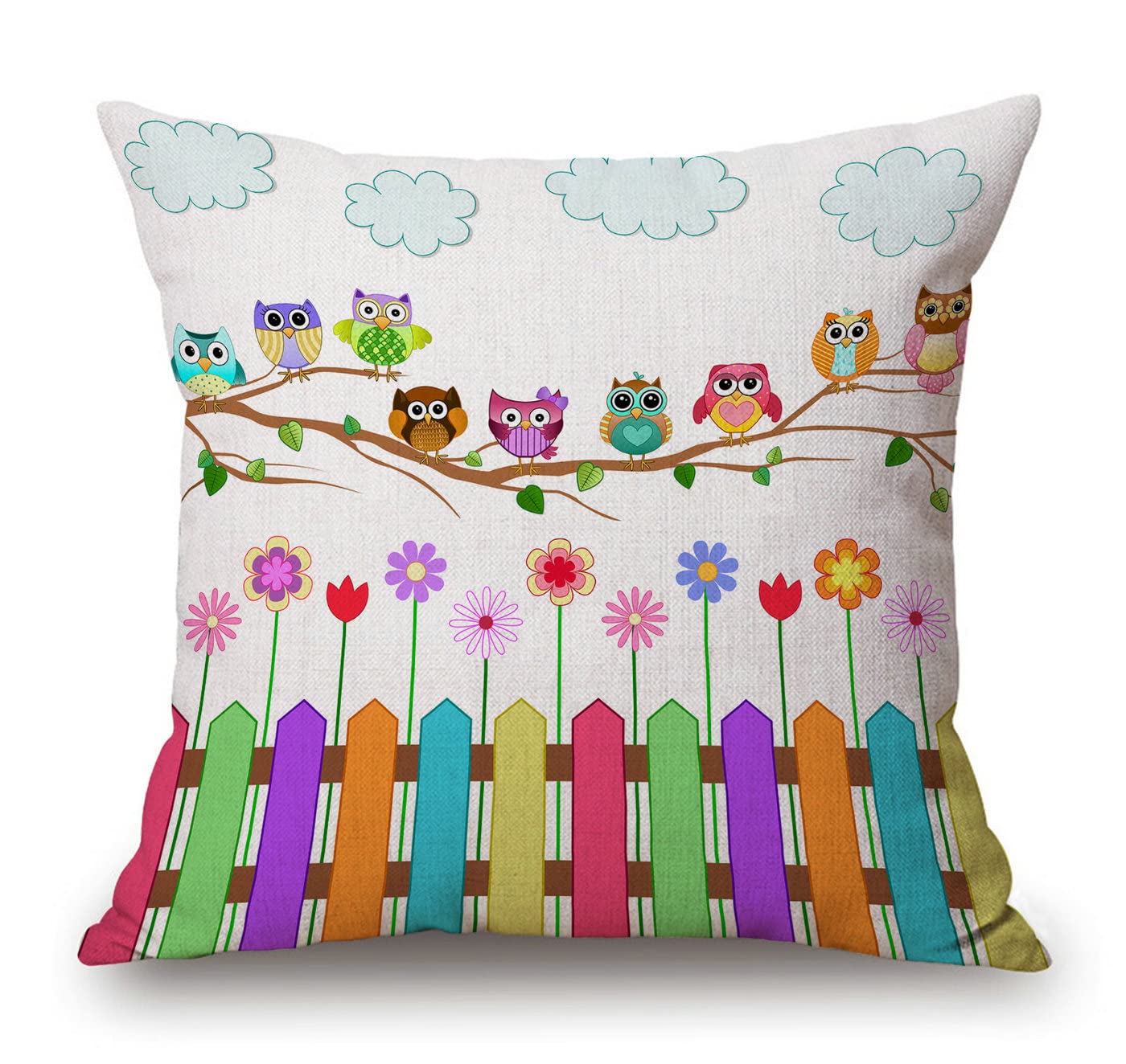 Owls on a Branch Decorative Pillow Cover - 18x18 Inch Farmhouse Style Square Cushion Case with Sunny Countryside Wildflowers Design for Living Room, Bedroom & Porch Decor