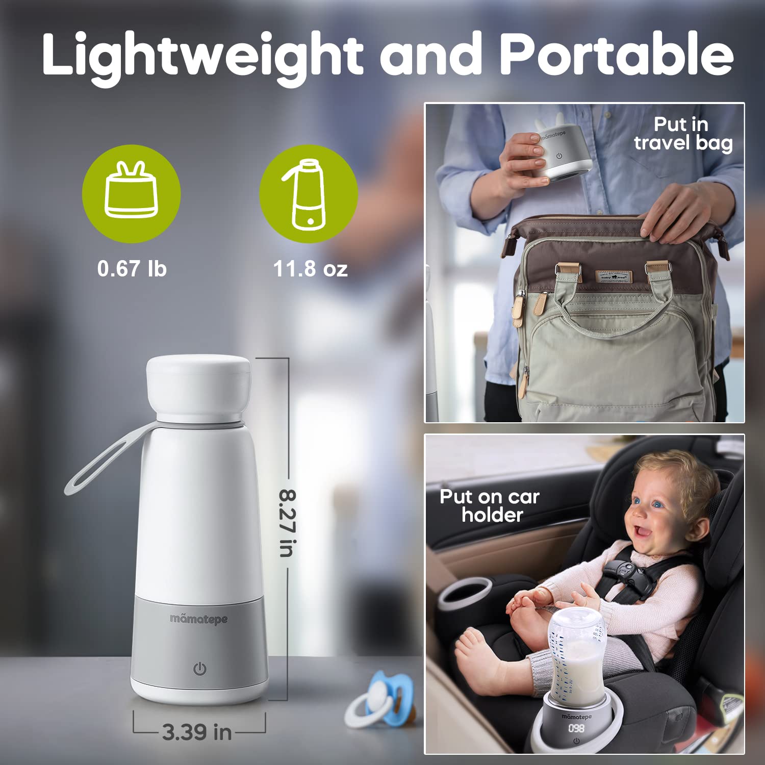 Mamatepe 2-in-1 Portable USB Rechargeable Baby Bottle Warmer for Travel - 4 Temperature Settings for Breastmilk, Formula & Water - Compact Milk Warmer for On-the-Go Parents (Perfect for Car, Stroller & Diaper Bag)