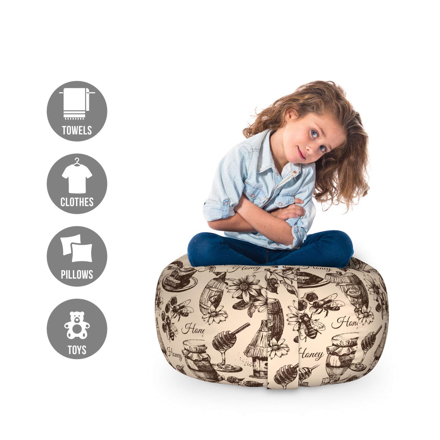 Ambesonne Honey Toy Storage Bag Chair - Vintage Sketch Design for Kids' Room & Playtime