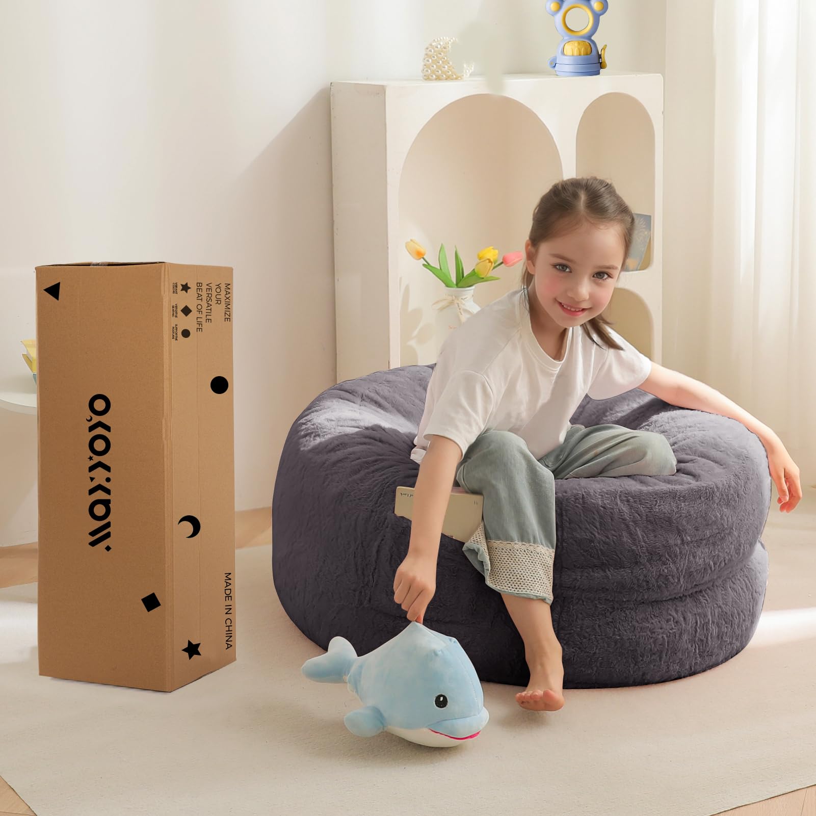 MAXYOYO Kids Bean Bag Chair Bed - Convertible Lazy Chair to Floor Mattress (Dark Grey) - Perfect for Playrooms, Dorm Rooms & Sleepovers