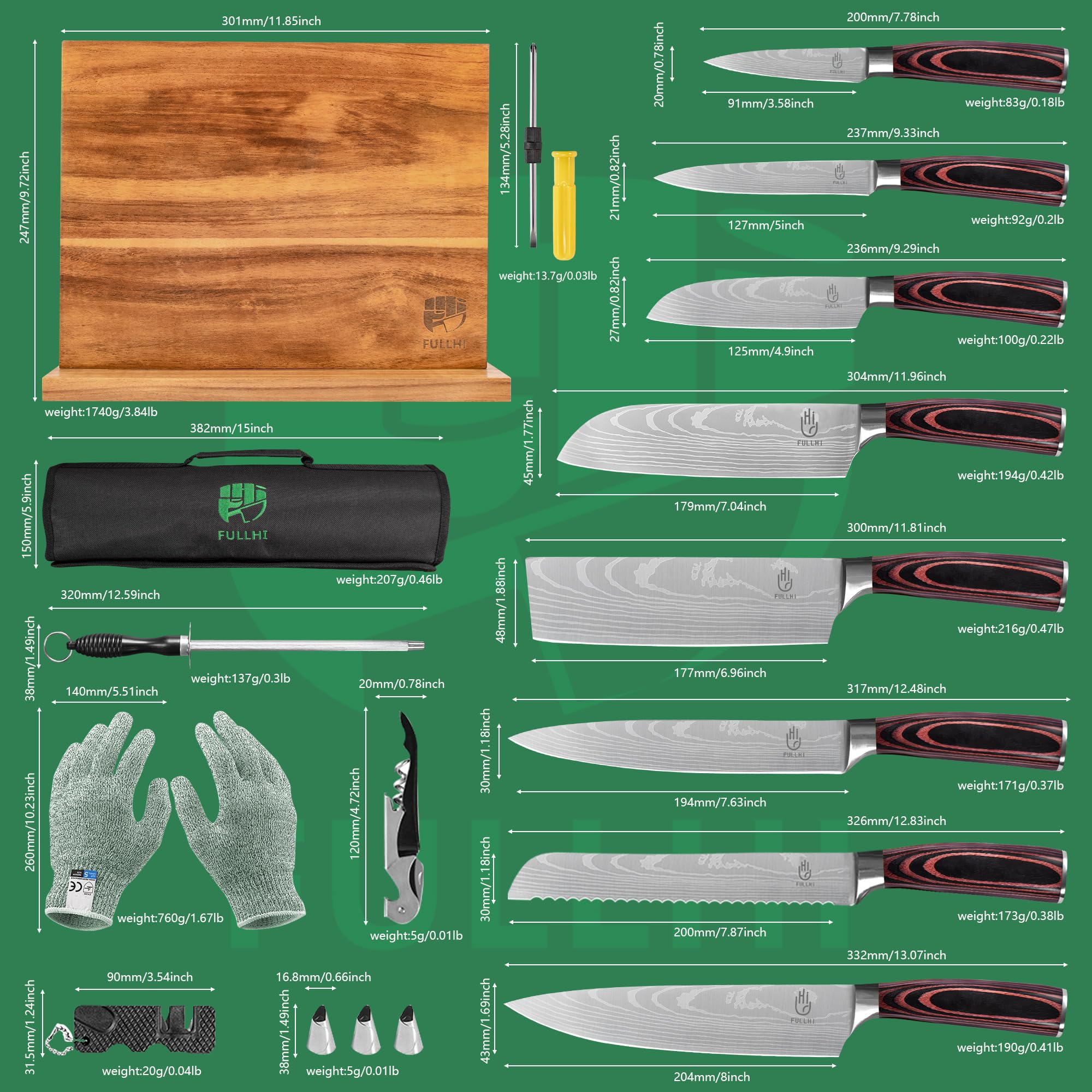 Premium 15-Piece Japanese Knife Set with Magnetic Block Holder - German Stainless Steel Kitchen Knives for Professional Chefs & Home Cooking - Perfect for Slicing, Dicing & Food Prep