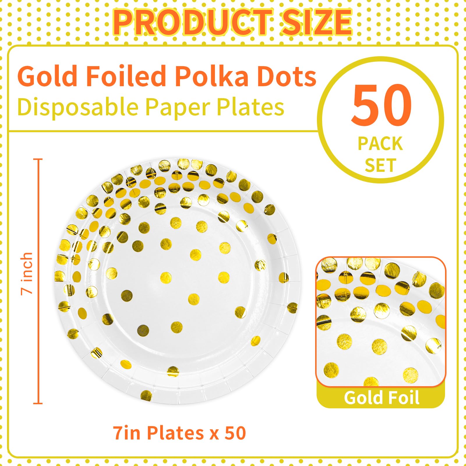 DYLIVeS 7 Inch White and Gold Metallic Foil Polka Dot Disposable Paper Plates - 50 Pack for Desserts, Cocktails, Birthday Parties, Bridal Showers, Easter & Graduation Celebrations - Elegant Party Supplies for Any Occasion
