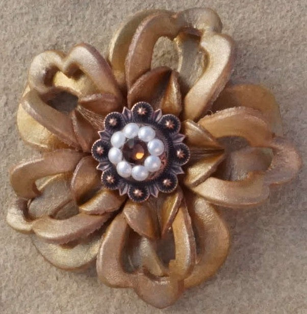 Gold Lotus Flower Concho with Copper Topaz and Pearl - Perfect for Western Belts, Leather Crafts & Boho Jewelry Making