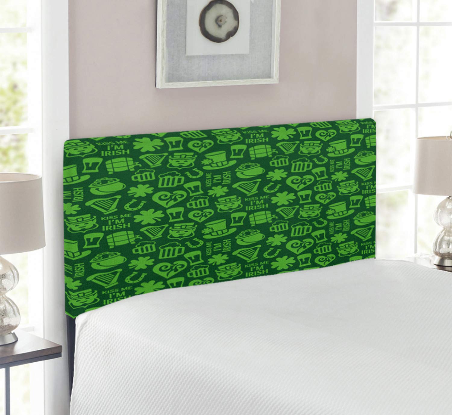 Ambesonne Irish Headboard - Kiss Me I'm Irish Humorous Design with Shamrocks & Ale Hats, Upholstered Metal Bed Frame with Memory Foam, Twin Size, Lime Green - Perfect for St. Patrick's Day Decor & Irish-Themed Bedrooms