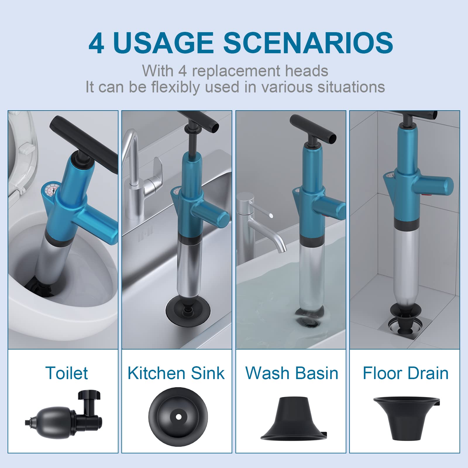 Stainless Steel Toilet Plunger - High Pressure Drain Blaster with Visual Barometer - Manual Clog Remover for Toilets, Sinks, Bathroom Pipes & Floor Drains - Perfect for Home, RV & Commercial Use