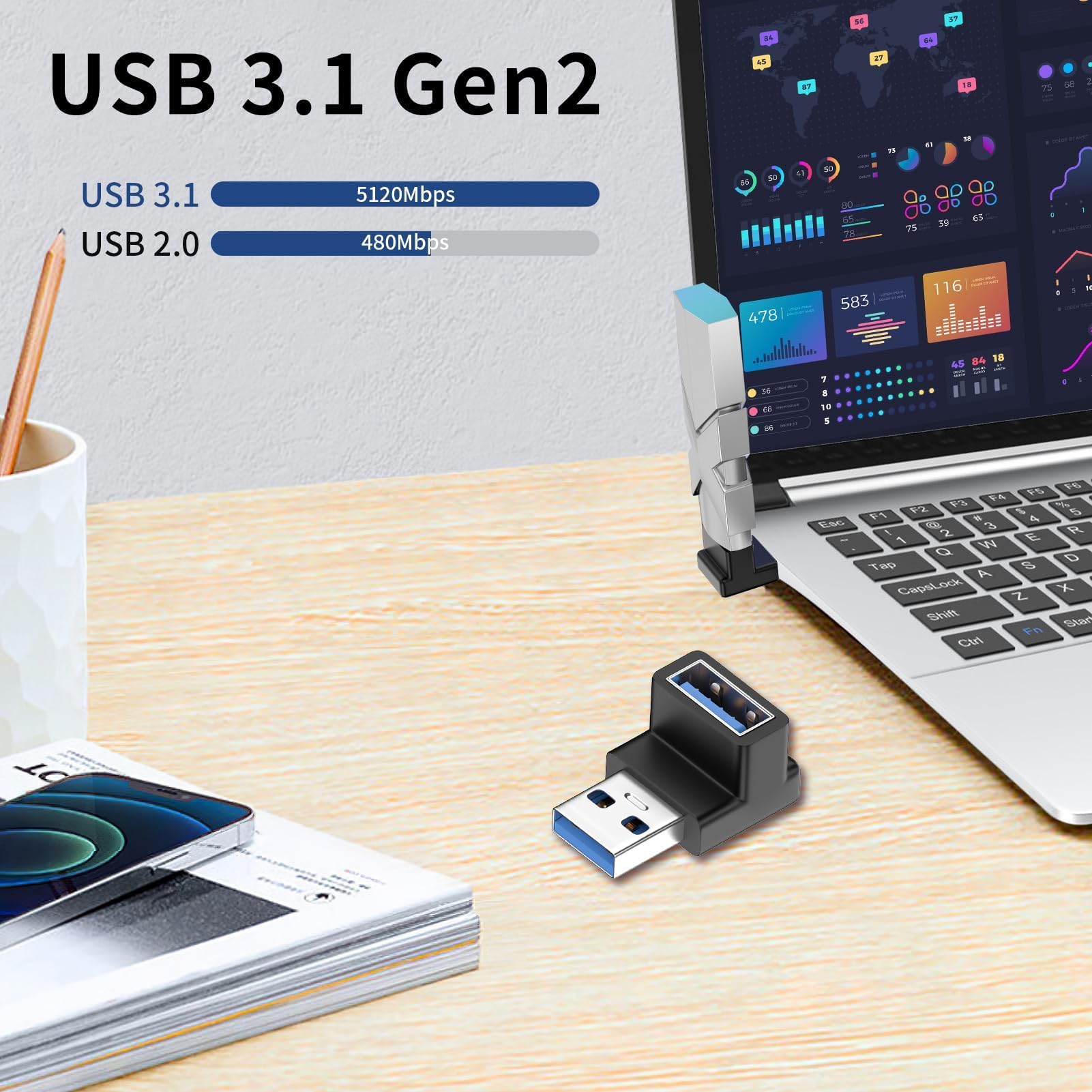 2-Pack USB 3.0 Right Angle Adapters - USB-A Male to Female 90 Degree Extension Cable - High Speed Data Transfer & Charging for Laptops, TVs, Printers - Perfect for Tight Spaces & Cable Management
