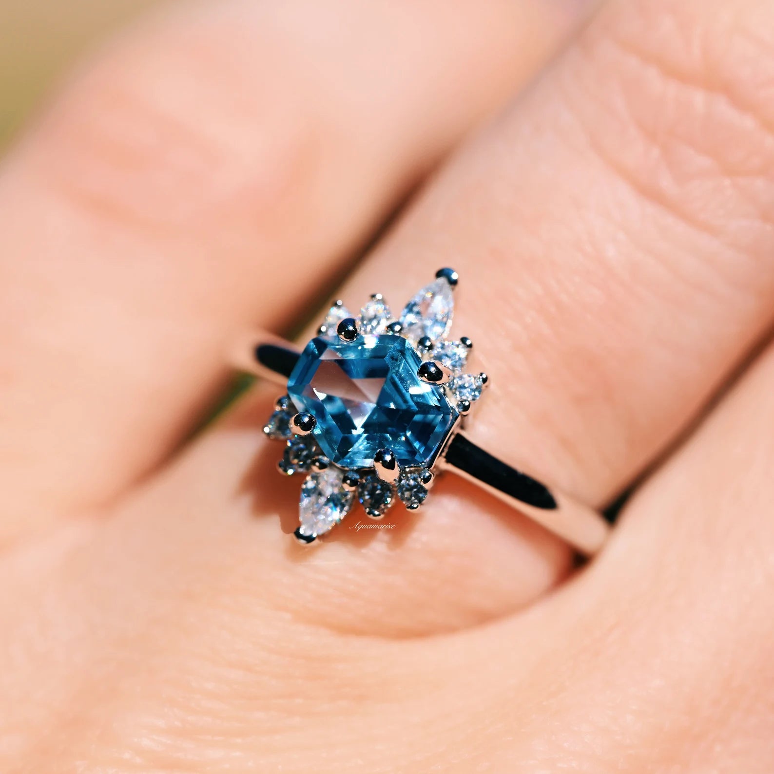 Hexagon Aquamarine Ring for Women - Sterling Silver 925 Elegant Birthstone Jewelry Gift for Mom, Wife, Daughter | Perfect for Weddings, Anniversaries & Special Occasions