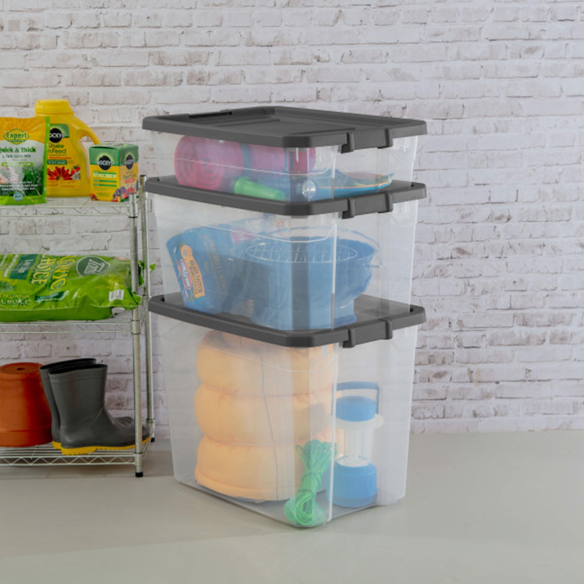 Sterilite 8-Pack Modular Stacker Box - Clear Plastic Storage Bins with Secure Latching Lids (108 Quart) - Durable Stackable Organizer for Home, Office & Garage Storage Solutions