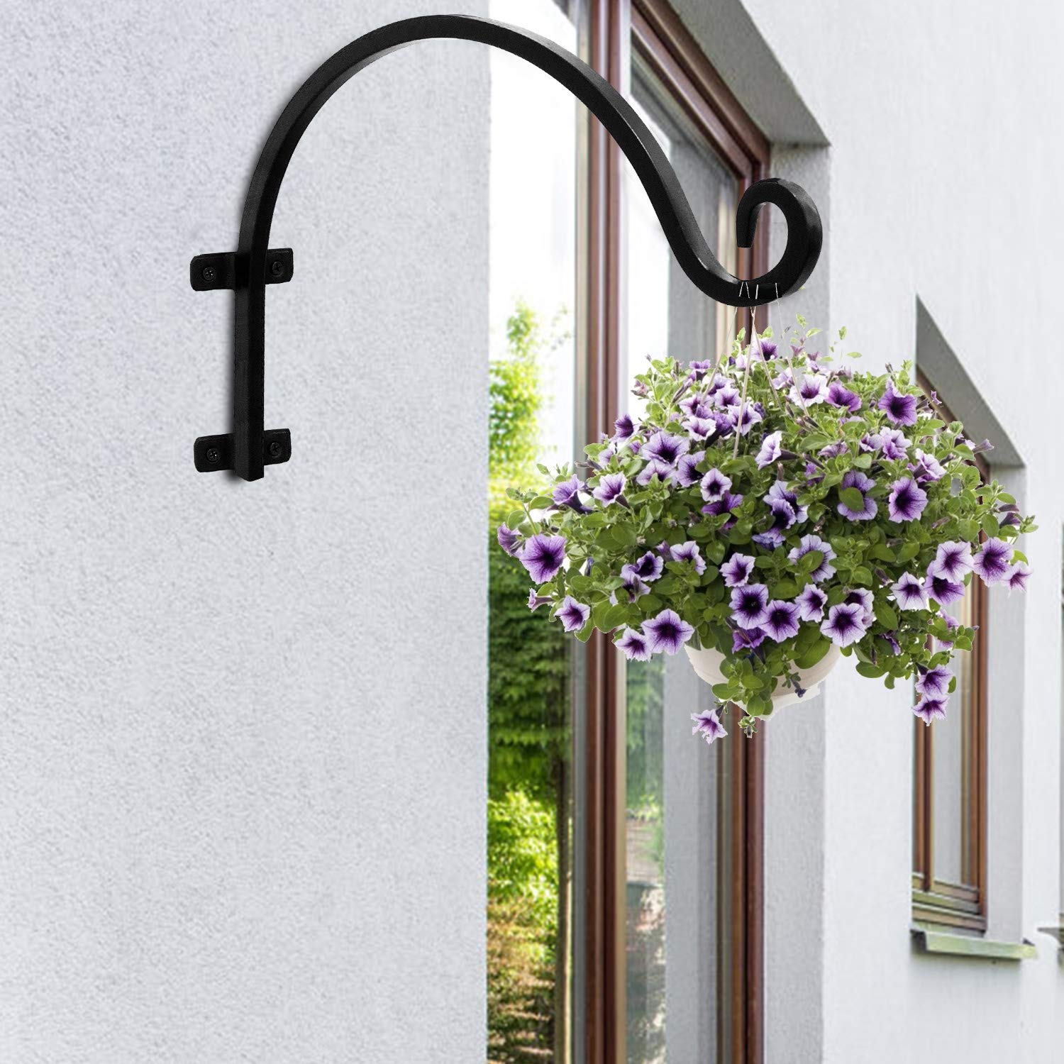 16 Inch Black Heavy Duty Iron Plant Hook - Rust-Resistant Outdoor Hanging Basket Hook with Screws Included for Plants, Lanterns & Wind Chimes - Perfect for Garden, Patio, Balcony and Porch Decor
