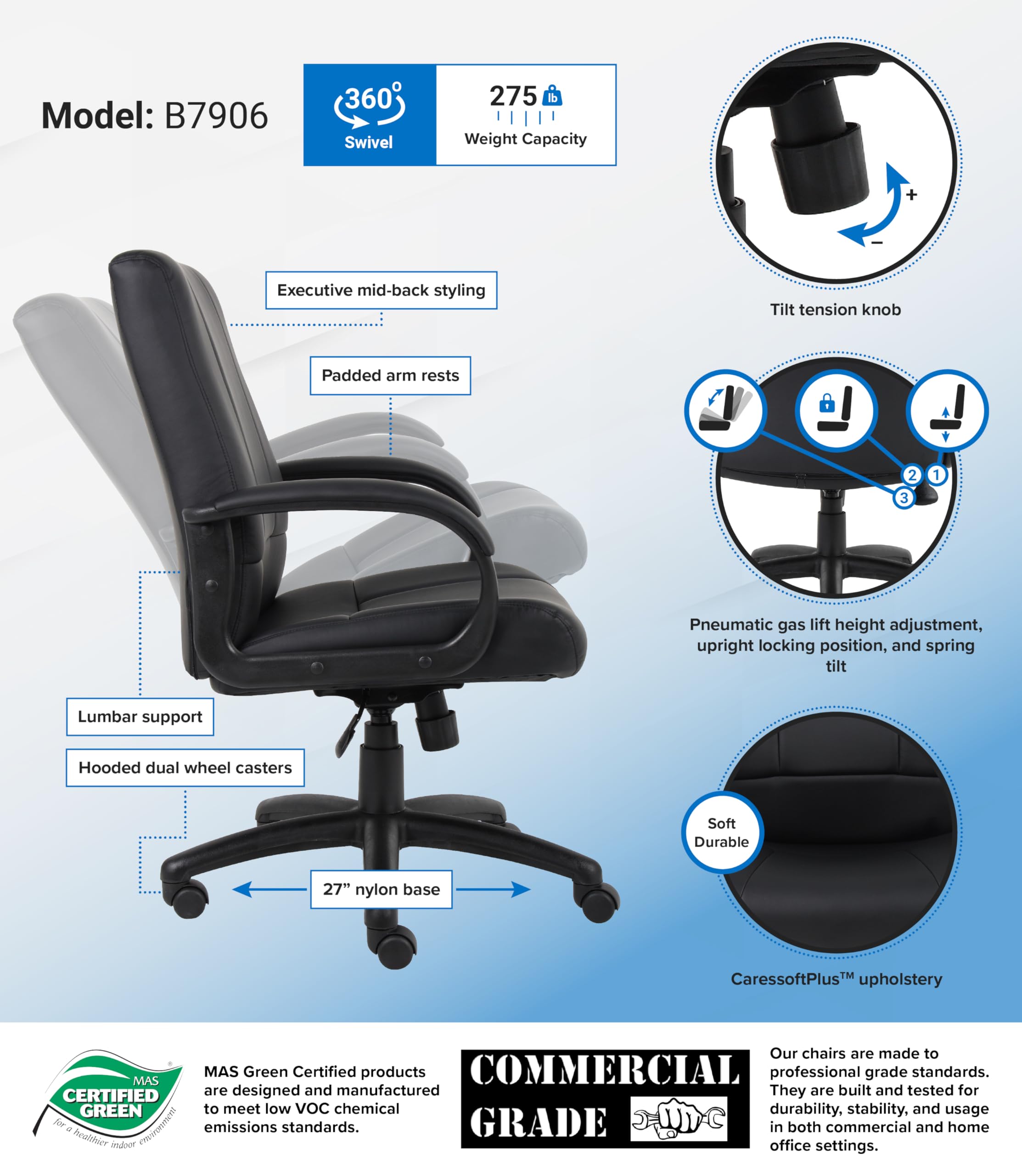 Boss Office Products Caressoft Executive Mid Back Chair - Ergonomic Office Chair in Black for Home & Business Workspaces
