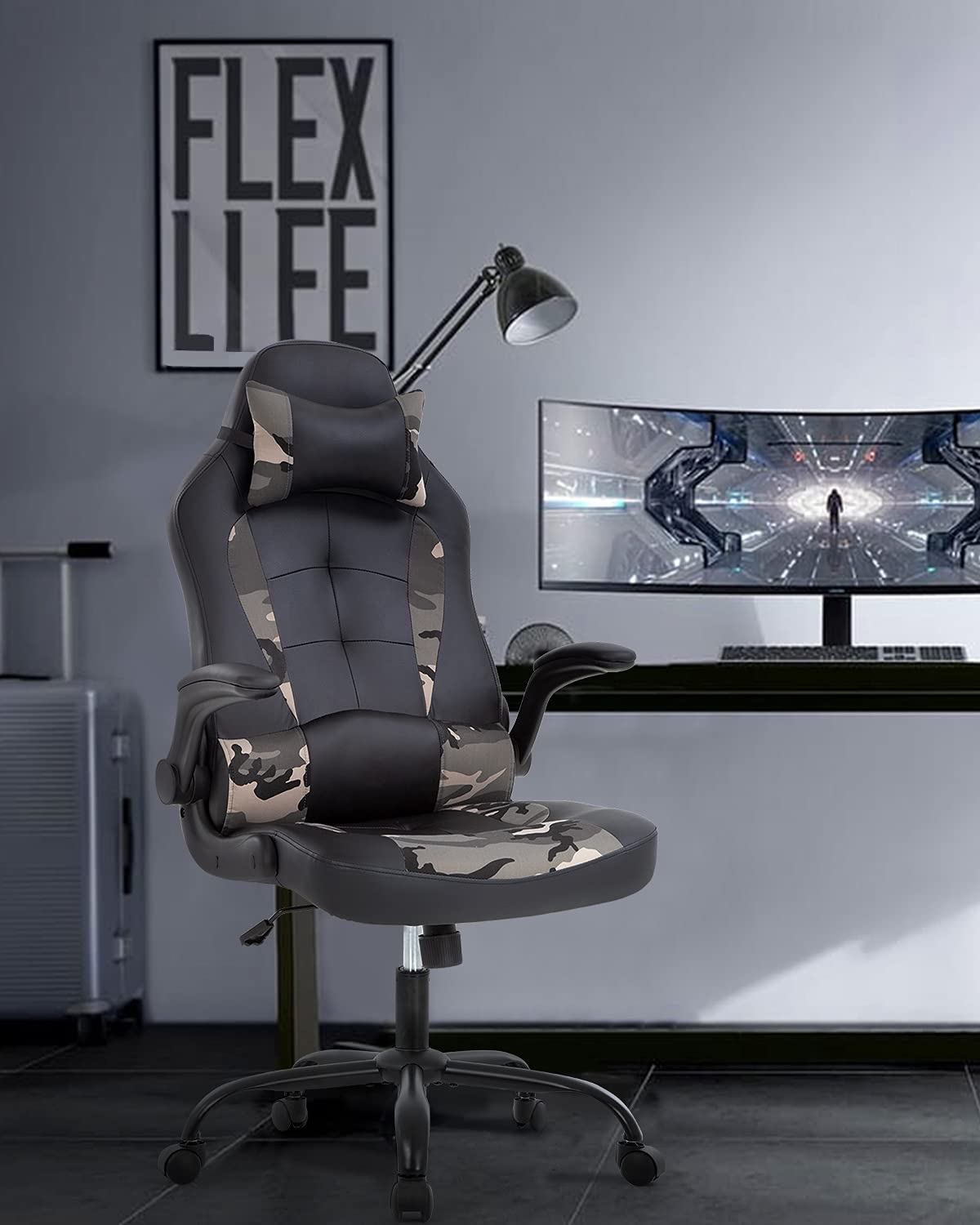 Ergonomic Gaming Chair with Headrest & Lumbar Support - High Back PU Leather PC Office Chair for Home & Work - Adjustable Armrests Racing Style Computer Desk Chair (Camo) - Perfect for Gamers, Remote Workers & Home Office Setup