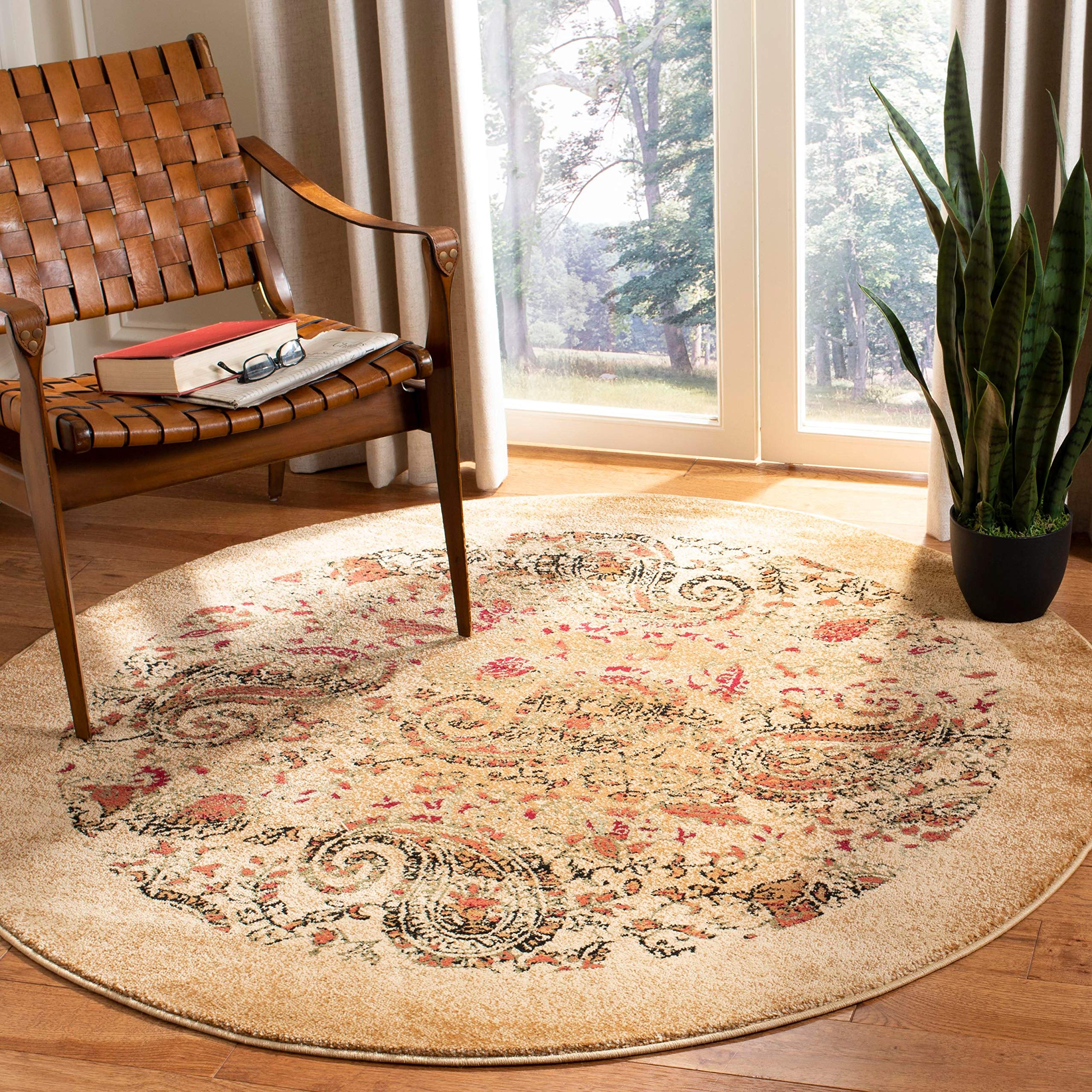 SAFAVIEH Lyndhurst Collection 8' Round Beige & Multi Traditional Paisley Area Rug - Non-Shedding, Stain Resistant for Dining Room, Living Room, Bedroom, Entryway & Foyer Decor