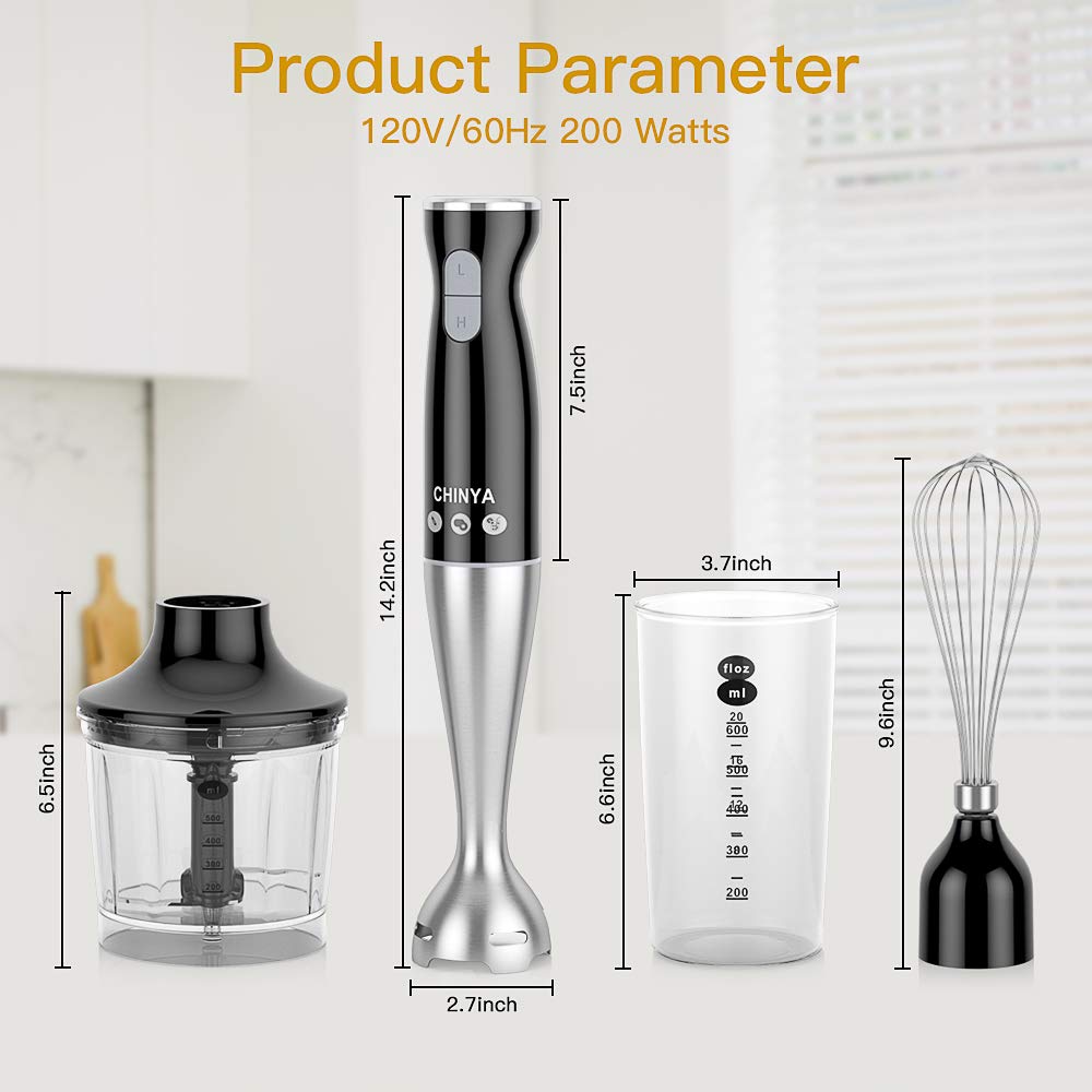 Powerful 4-in-1 Immersion Hand Blender Set - 500W Electric Food Blender with 16oz Chopper, 20oz SAN Beaker & Balloon Whisk | BPA-Free Kitchen Mixer for Smoothies, Soups, Sauces & Baking