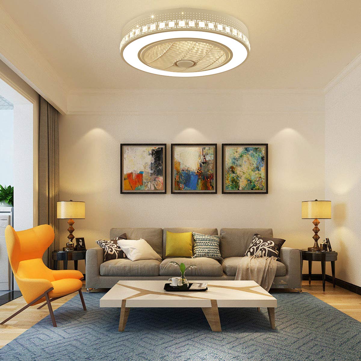 TFCFL 22-Inch Bladeless Ceiling Fan with Remote - Modern Flush Mount Low Profile Design, 3 Speed Settings & RGB Color Changing LED Lights - Perfect for Bedroom, Living Room, and Office Spaces