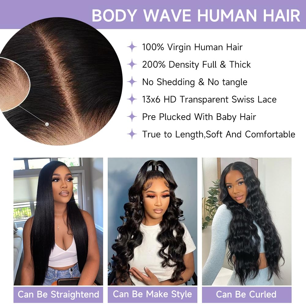 32 Inch Body Wave Lace Front Wigs Human Hair - Pre Plucked Bleached Knots 13x6 HD Lace Frontal - 200% Density Natural Black Wig for Women - Perfect for Daily Wear, Cosplay & Special Occasions