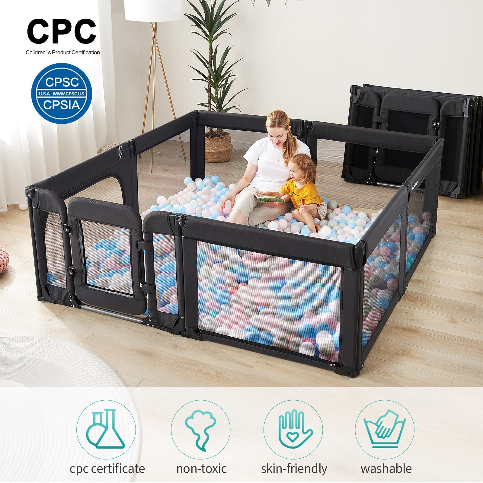 **Foldable Baby Playpen with Door - Adjustable Heavy-Duty Play Yard for Toddlers & Infants - Large Safety Play Area Fence - Ideal for Home, Nursery & Outdoor Use - Black**