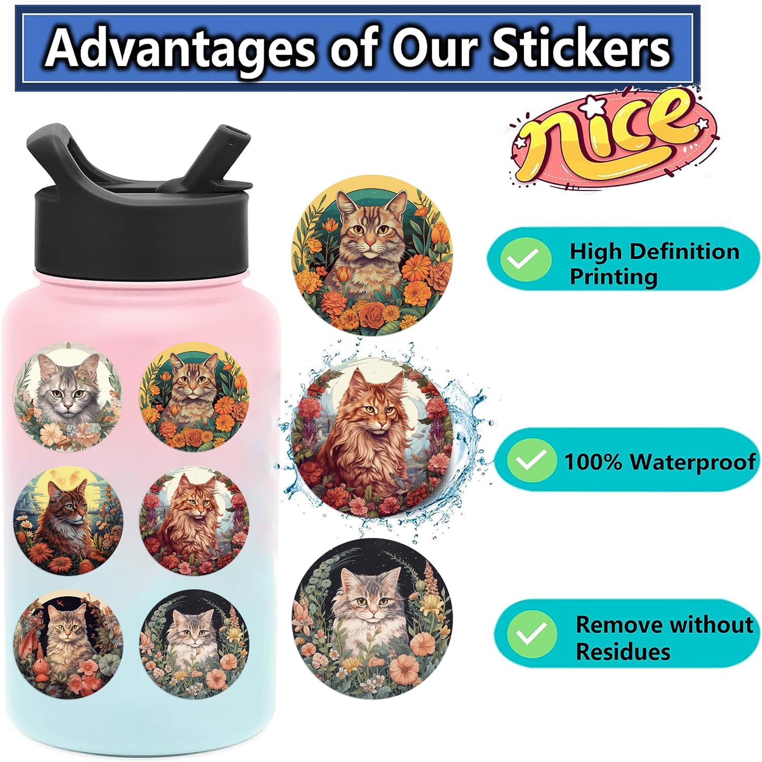 50 PCS Cute Cat Stickers - Waterproof Vinyl Decals for Journaling, Scrapbooking, Laptop, Water Bottle, Phone & Luggage - Kawaii Animal Aesthetic Decoration for Women, Teens & Kids - Perfect for DIY Crafts, School Supplies & Gift Giving