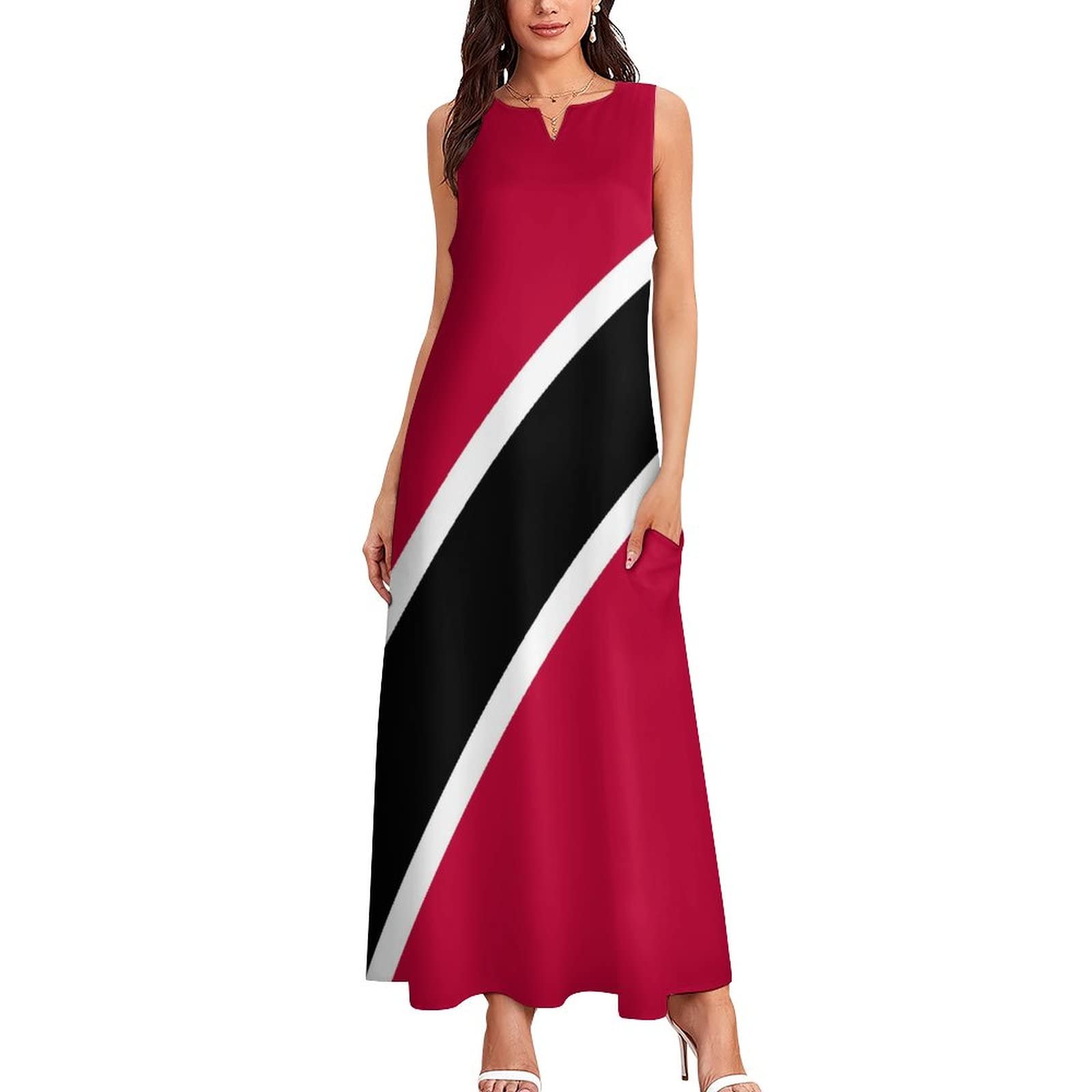 Women's Long Summer Dress with Trinidad and Tobago Flag Print - Casual V-Neck Shift Dress for Beach, Vacation & Patriotic Events