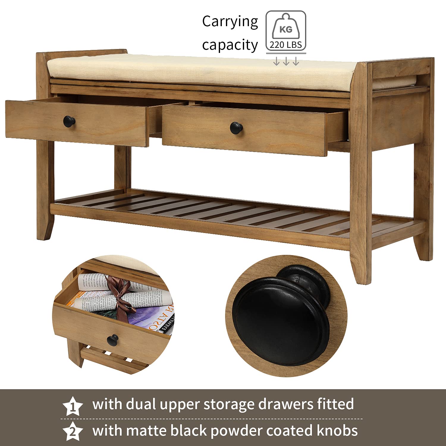 Quarte Farmhouse Shoe Bench - Rustic Wood Entryway Storage Bench with Cushioned Seat & 2 Drawers, Multipurpose Hallway Shoe Rack for Living Room, Dining Room & Bedroom - Perfect for Organizing Shoes, Hats & Scarves in Small Spaces (Old Pine Finish)