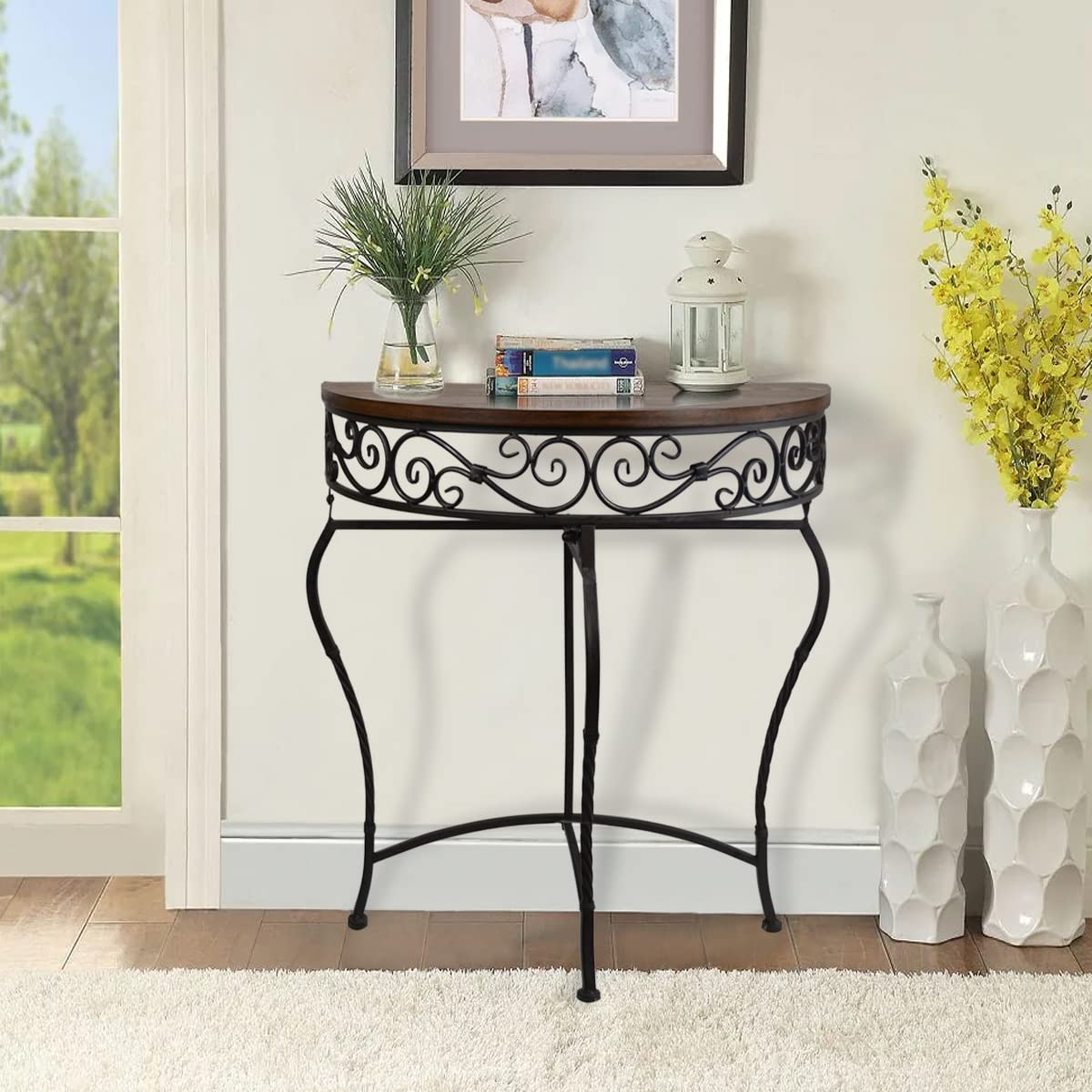 Westcharm Boston Foldable Half Moon Console Table - Black & Dark Brown Demilune Accent Table for Living Room, Entryway, Kitchen | Space-Saving Crescent Sofa Table for Small Apartments & Hallways