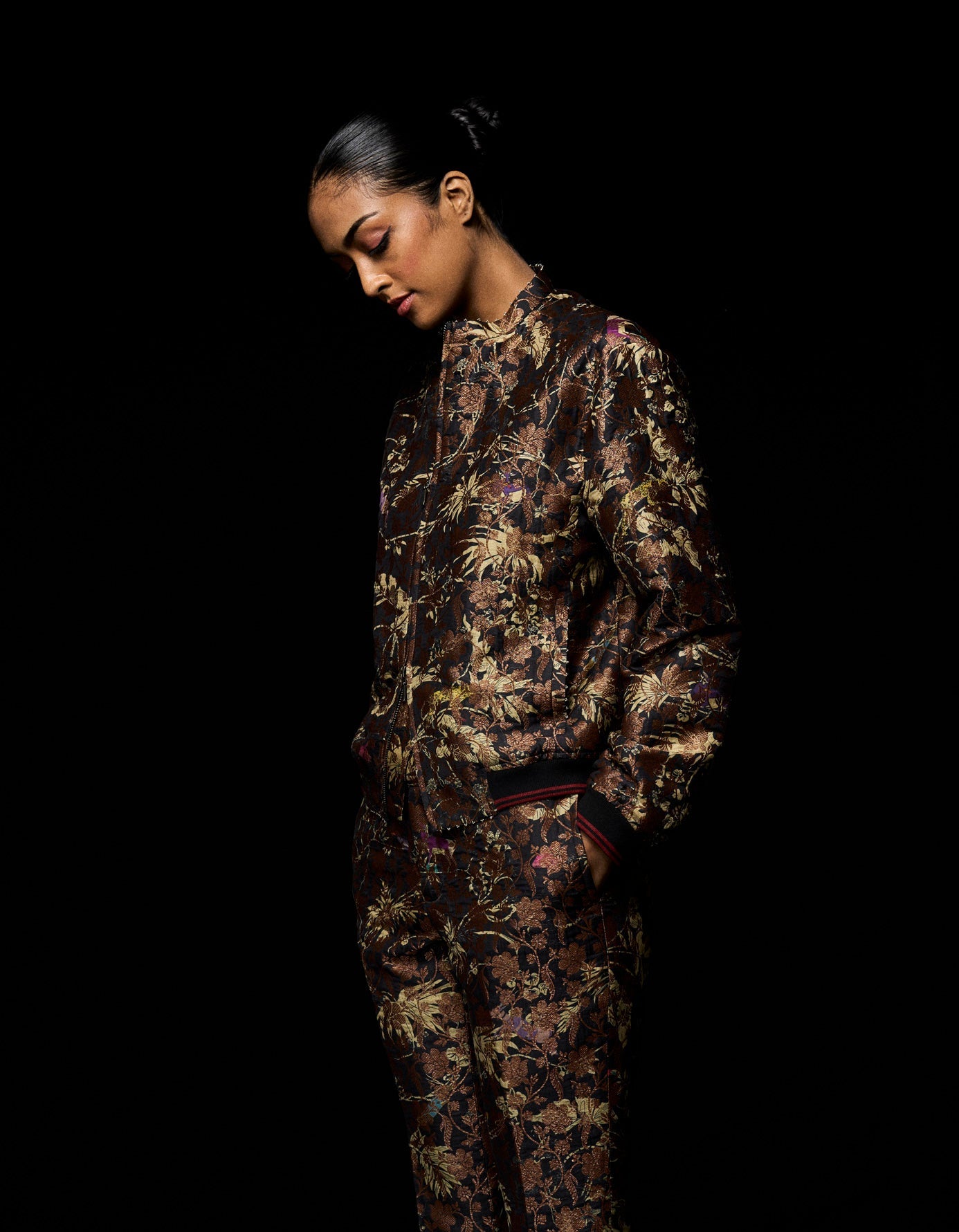 Classic Black Silk Brocade Trousers for Women - Elegant Formal Pants for Office, Evening Events & Special Occasions