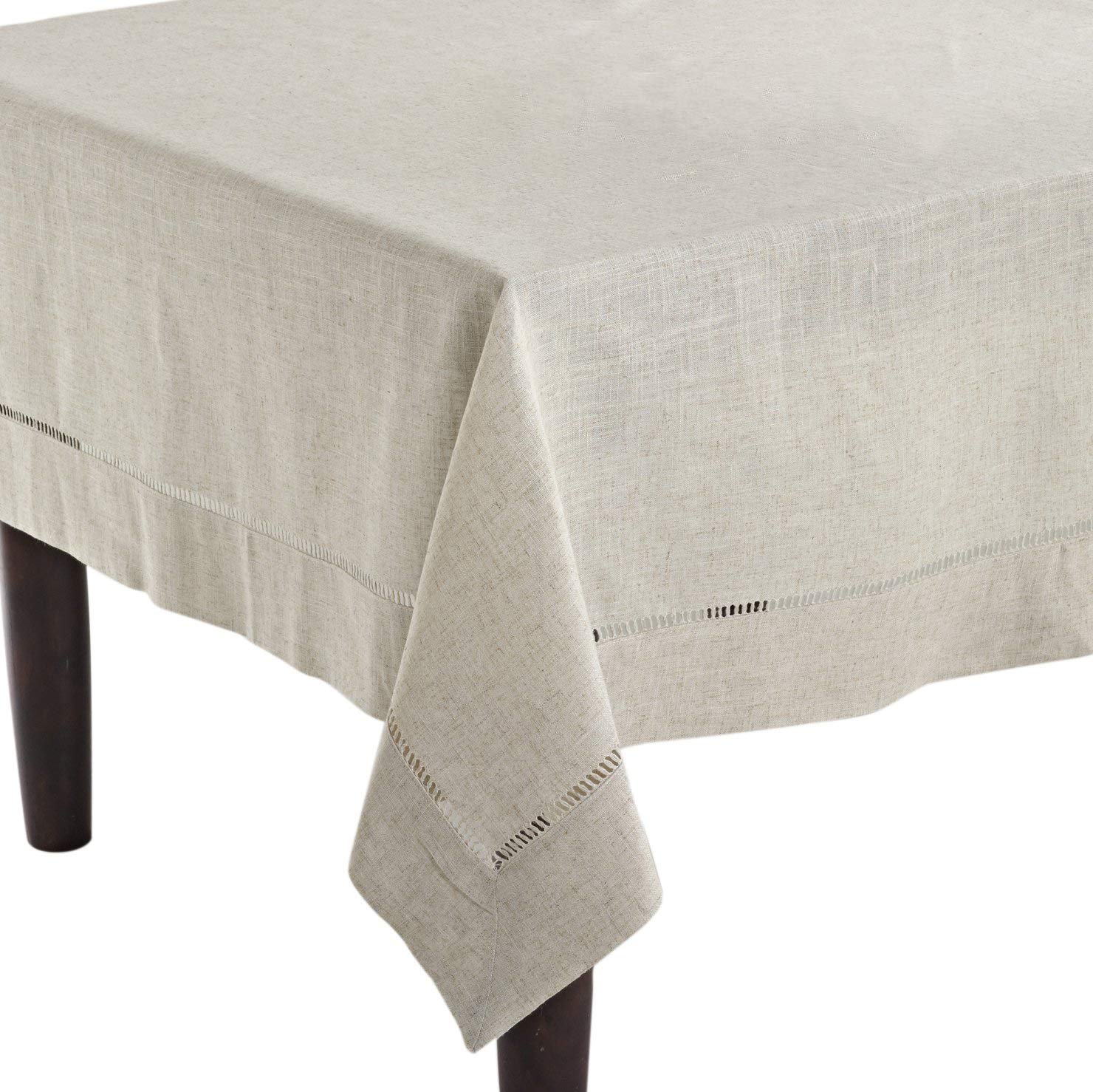 Fennco Styles Toscana Contemporary Hemstitched Linen Blend Tablecloth 65 x 140 Inch - Elegant Dining Table Cover for Dinner Parties, Wedding Decor & Home Decor - Natural Beige Linen Table Cloth for Formal Dining, Buffet Tables & Special Occasions