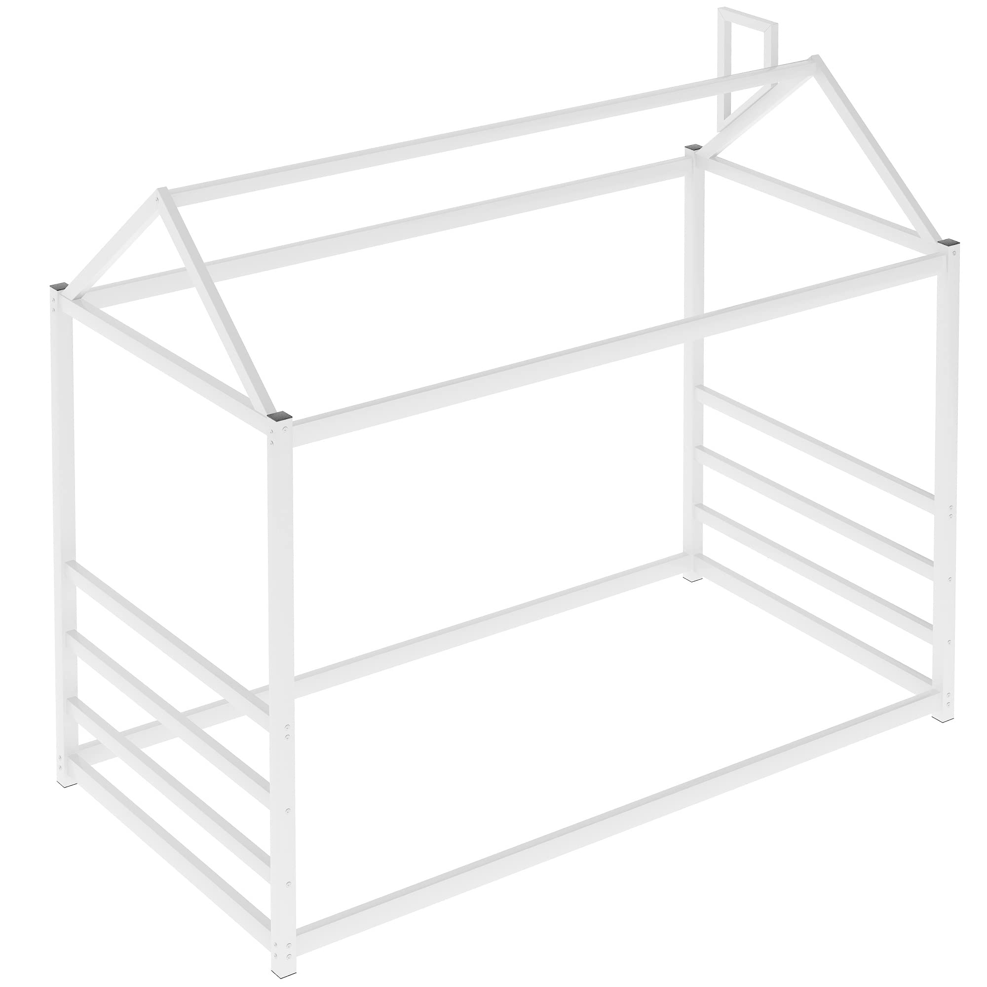 Montessori Floor Bed Frame for Kids - Twin Size Metal House Bed with Roof, White | Toddler Bed for Boys & Girls | No Box Spring Needed | Perfect for Montessori Bedrooms, Playrooms & Kids' Sleep Space