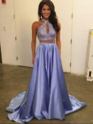 Elegant Lilac Halter Two-Piece A-Line Beaded Long Evening Prom Dress for Women - Perfect for Formal Events, Dances & Special Occasions