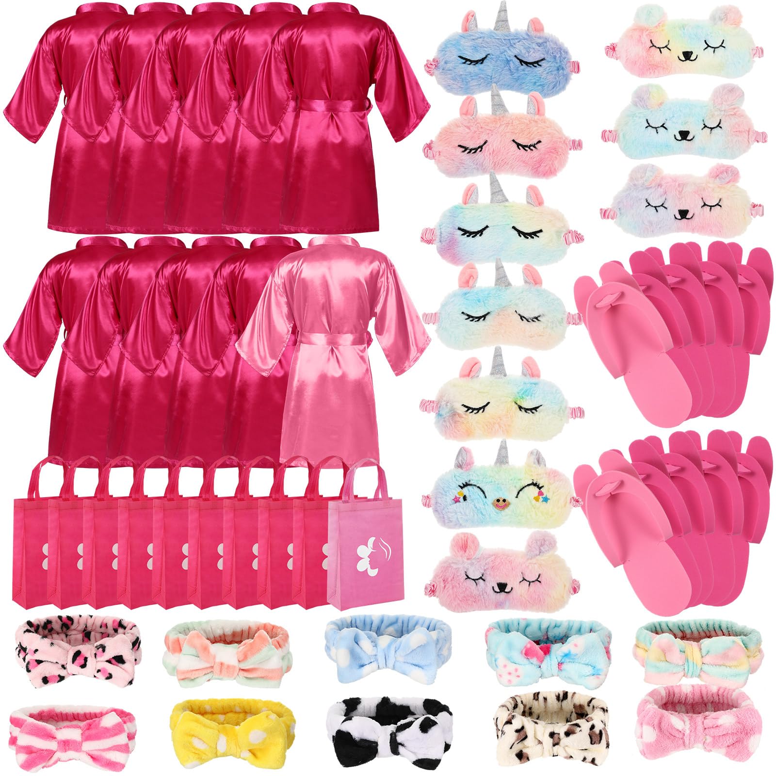 Bonuci 50 Pcs Spa Party Supplies Kit for Girls - 10 Satin Robes & 10 Kids Slippers - Sleepover Birthday Party Favors - Perfect for Spa Themed Parties, Girls Night & Birthday Celebrations