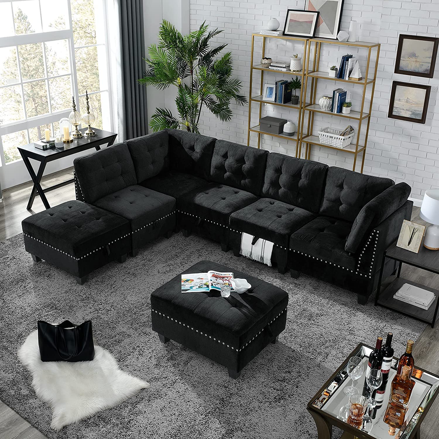 Velvet Corner Chair for Modular Sectional Sofa - Black Corner Module for Living Room Furniture Set | Perfect for Small Spaces & Modern Home Decor