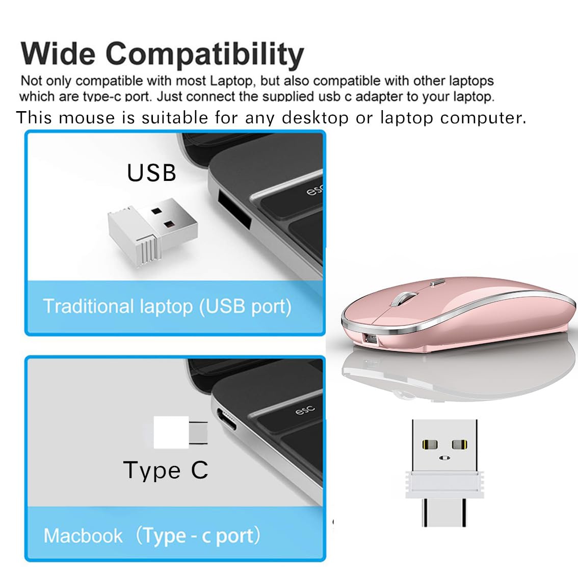 Wireless Mouse for MacBook Pro, MacBook Air, iMac, Chromebook & Windows PC - 2.4G USB/USB-C Rechargeable Mouse (Rose Gold) - Perfect for Office, Home & Travel Use