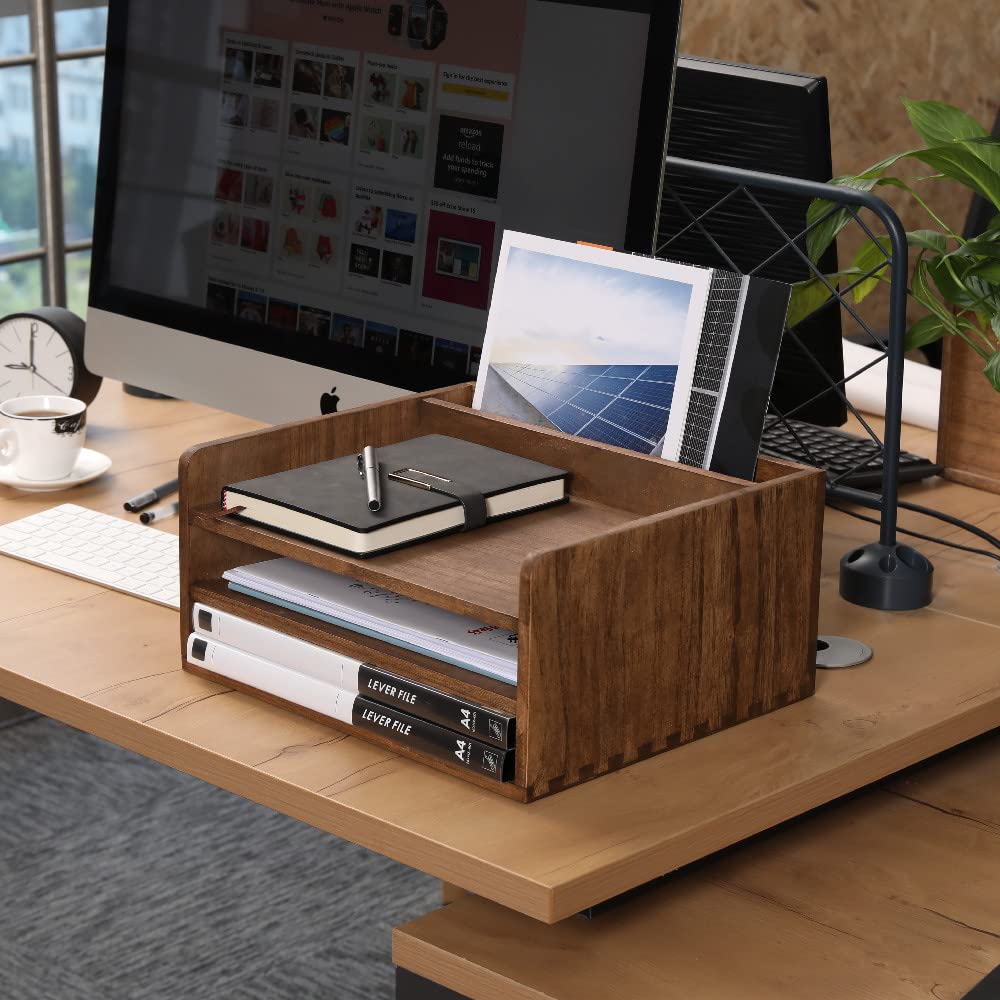Wooden Desk Organizer with 3-Tier Paper Tray & Vertical File Compartment - Office Document Storage Rack for Files, Folders & Mail - Perfect for Home Office, Workspace & School Organization (Dark Brown)