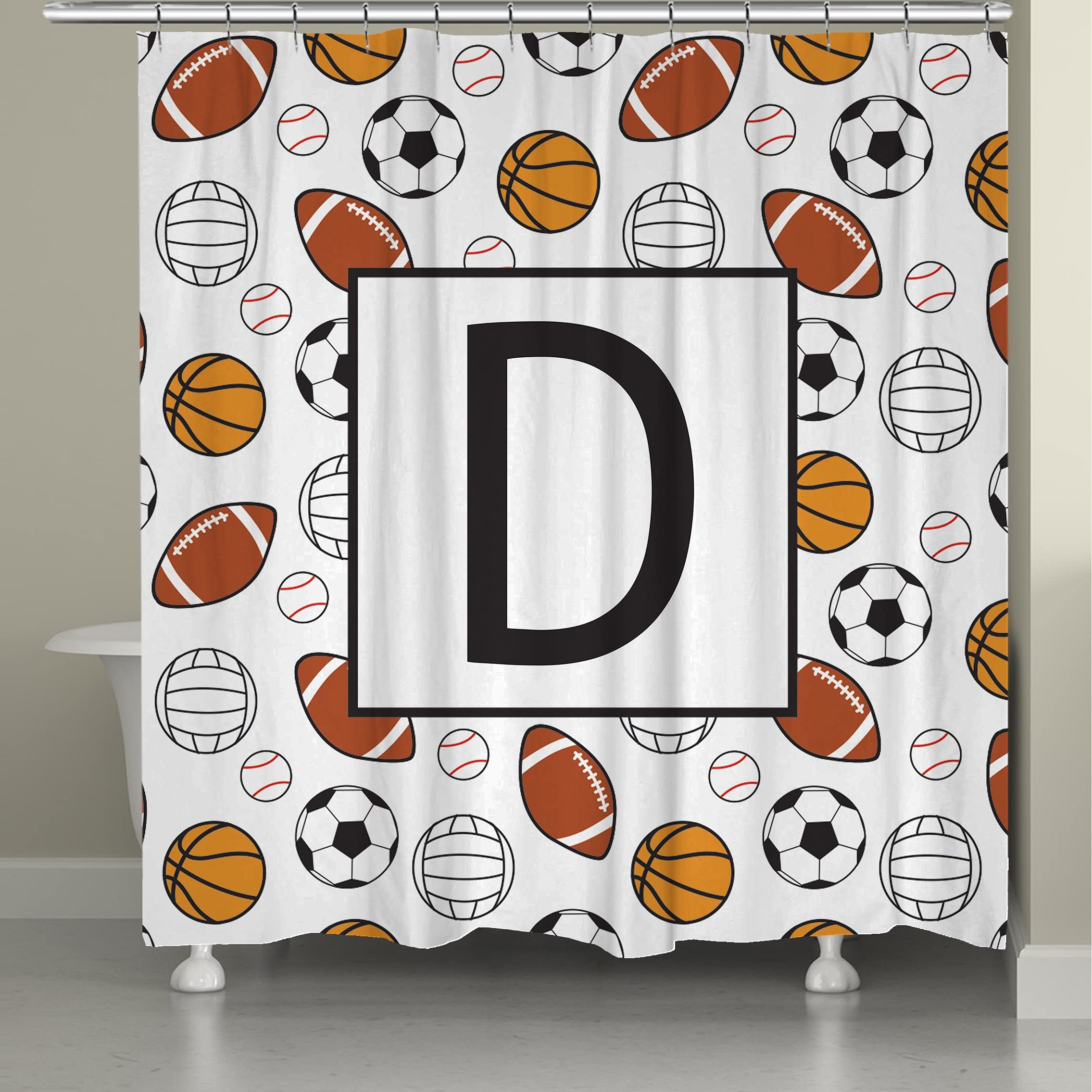Laural Home Sports Monogram Shower Curtain - Waterproof Polyester Fabric Bathroom Decor for Boys, Girls, Teens - Perfect for Dorm, Bathroom, and Kids Room Decoration