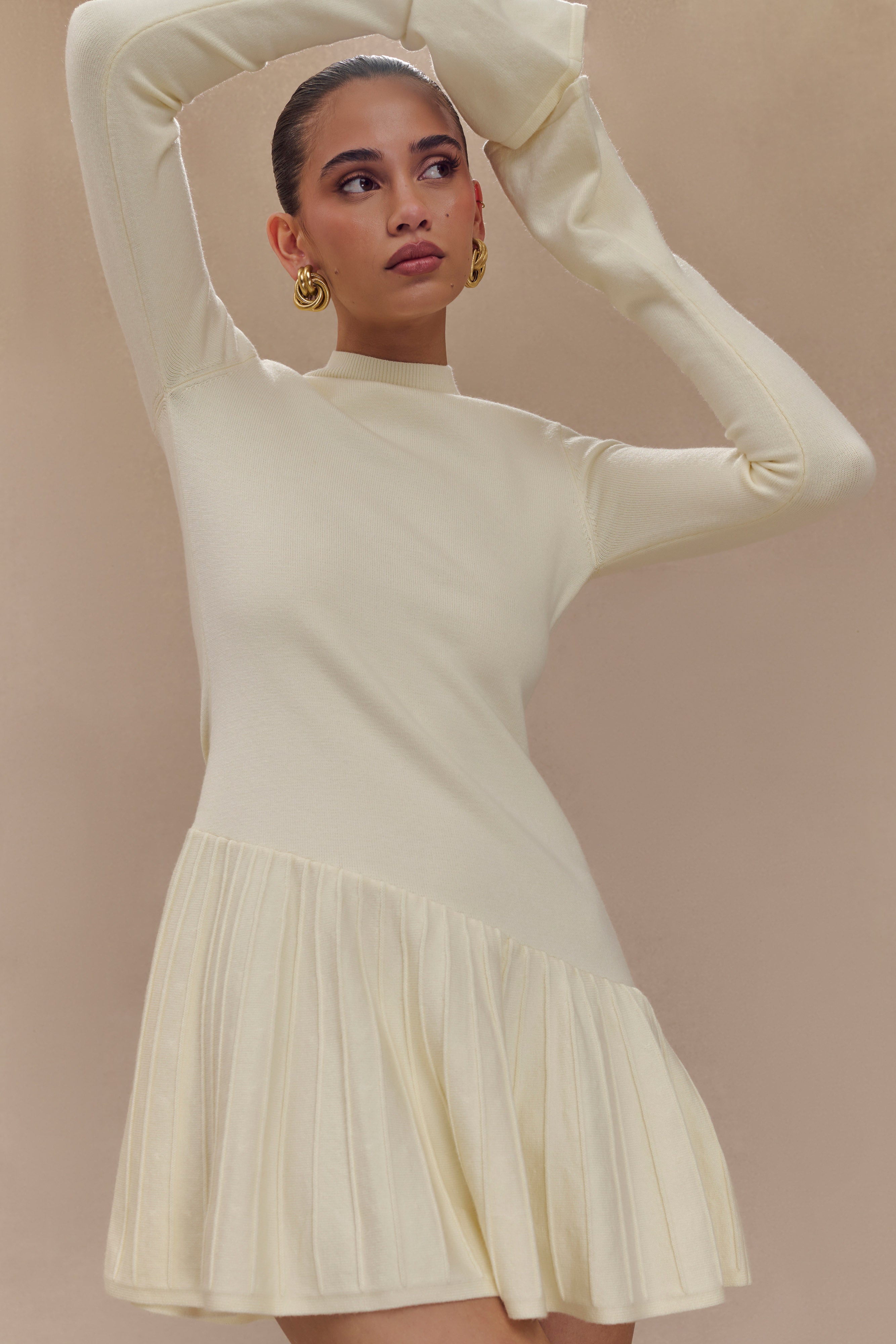Blair Knit Mini Dress with Pleats - Ivory | Women's Casual & Party Dress for Date Night & Special Occasions