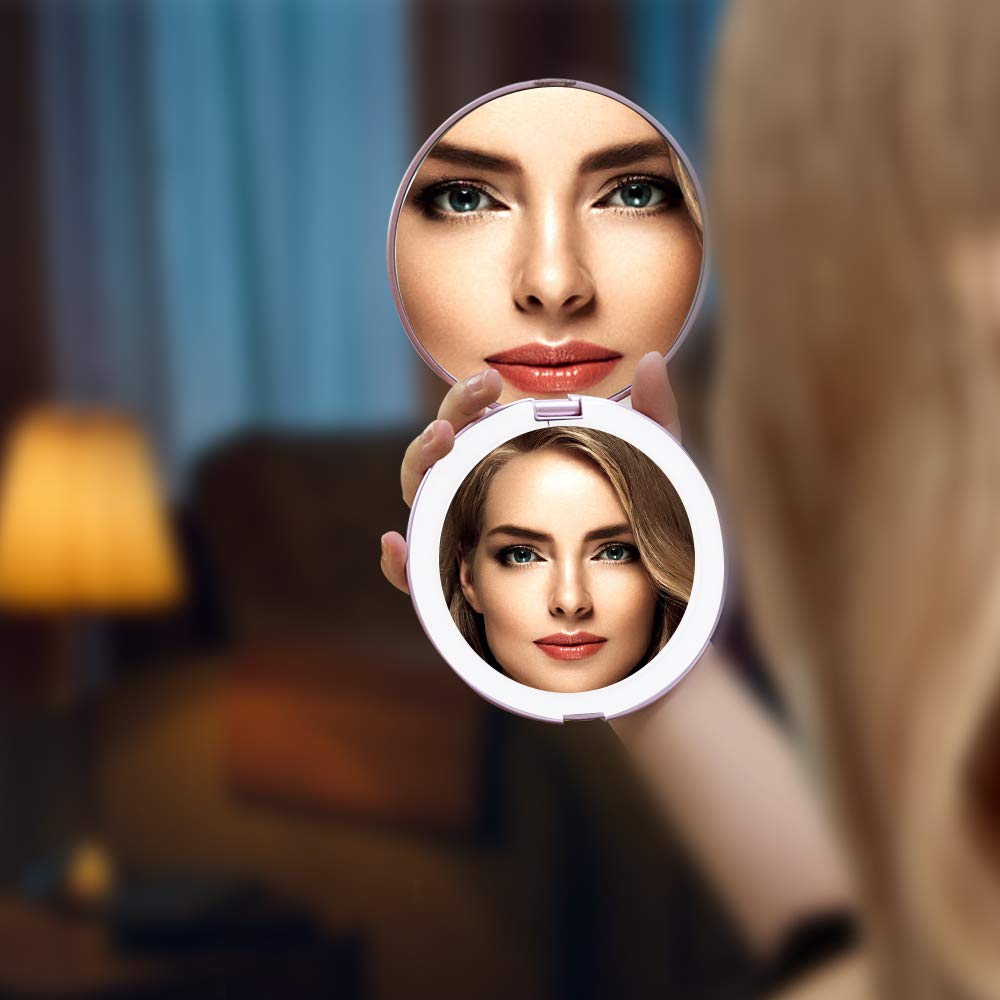 Benbilry 5 Inch LED Lighted Travel Makeup Mirror with 1x/7x Magnification - Dual Sided Portable Illuminated Vanity Mirror for Cosmetics & Skincare - Perfect for Travel, Home, Handbag & Makeup Application