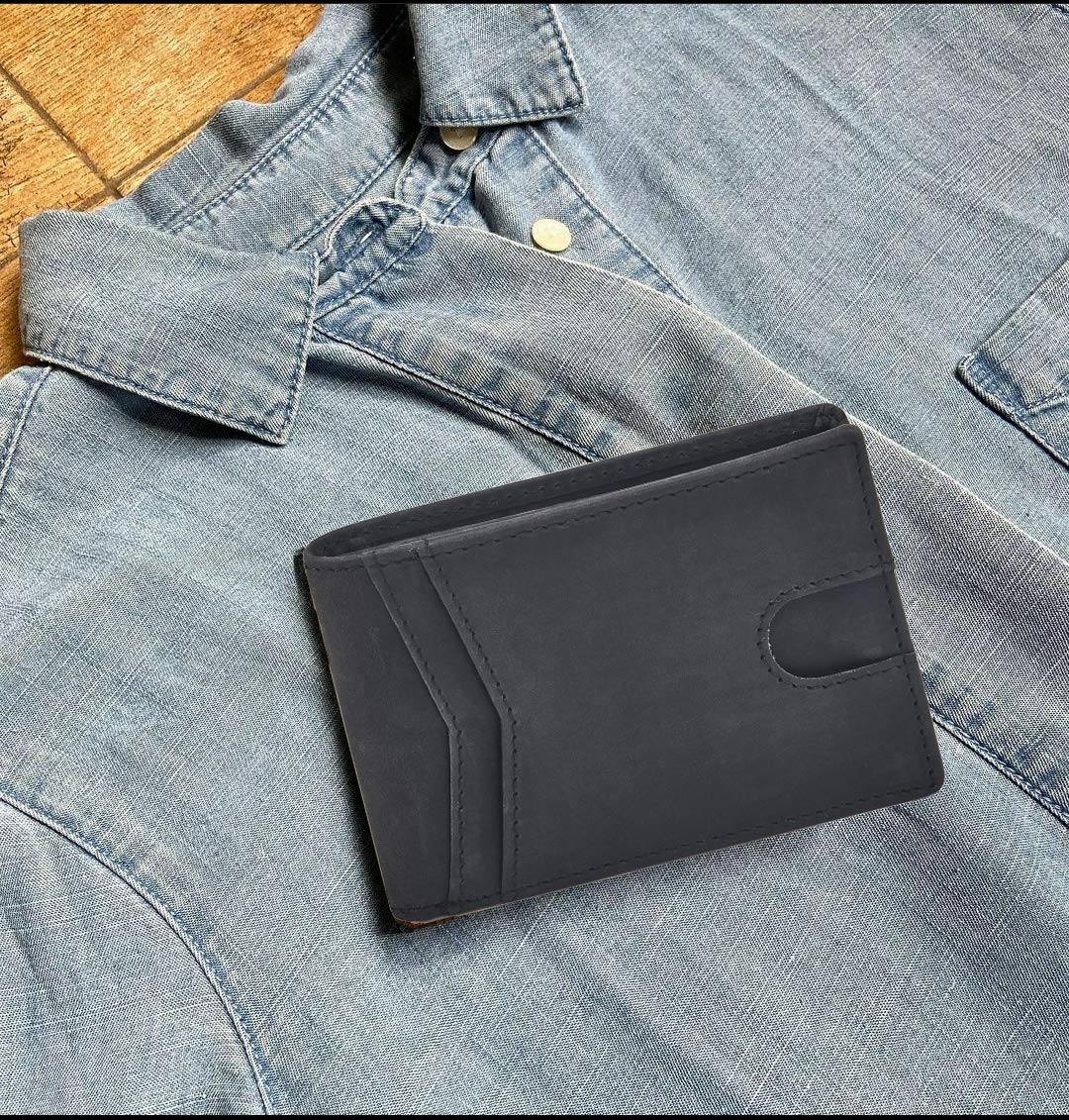 Premium Men's Bifold Leather Wallet - Slim RFID Blocking Front Pocket Wallet with ID Window | Genuine Crazy Horse Leather | Gift Box Included | Perfect for Everyday Carry, Business & Travel (Black)