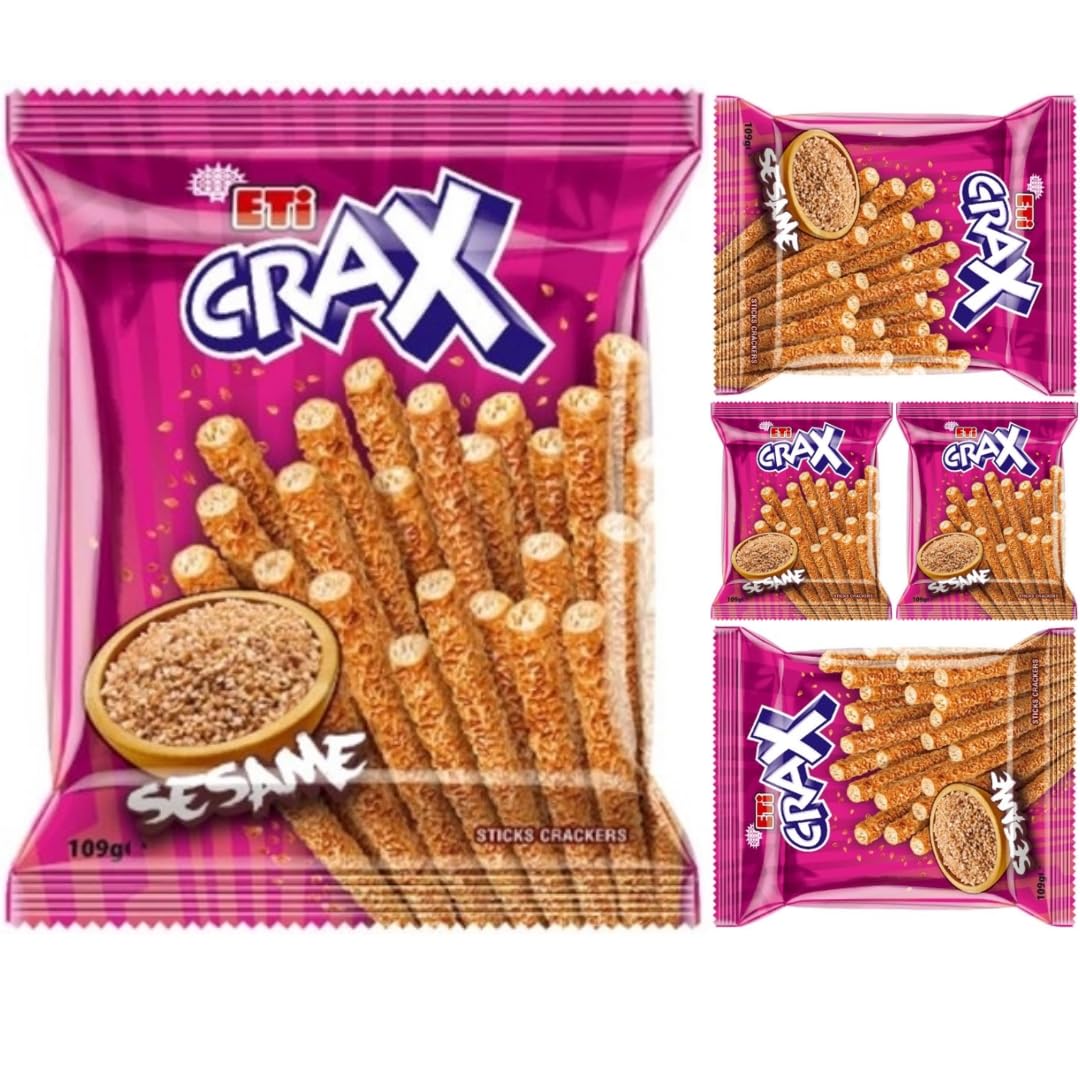 Eti Crax Sesame Stick Crackers - Crunchy Sesame Snacks, 3.9oz (110g) x 5 Packs - Perfect for School Lunches, Office Snacks & On-the-Go Energy Boost