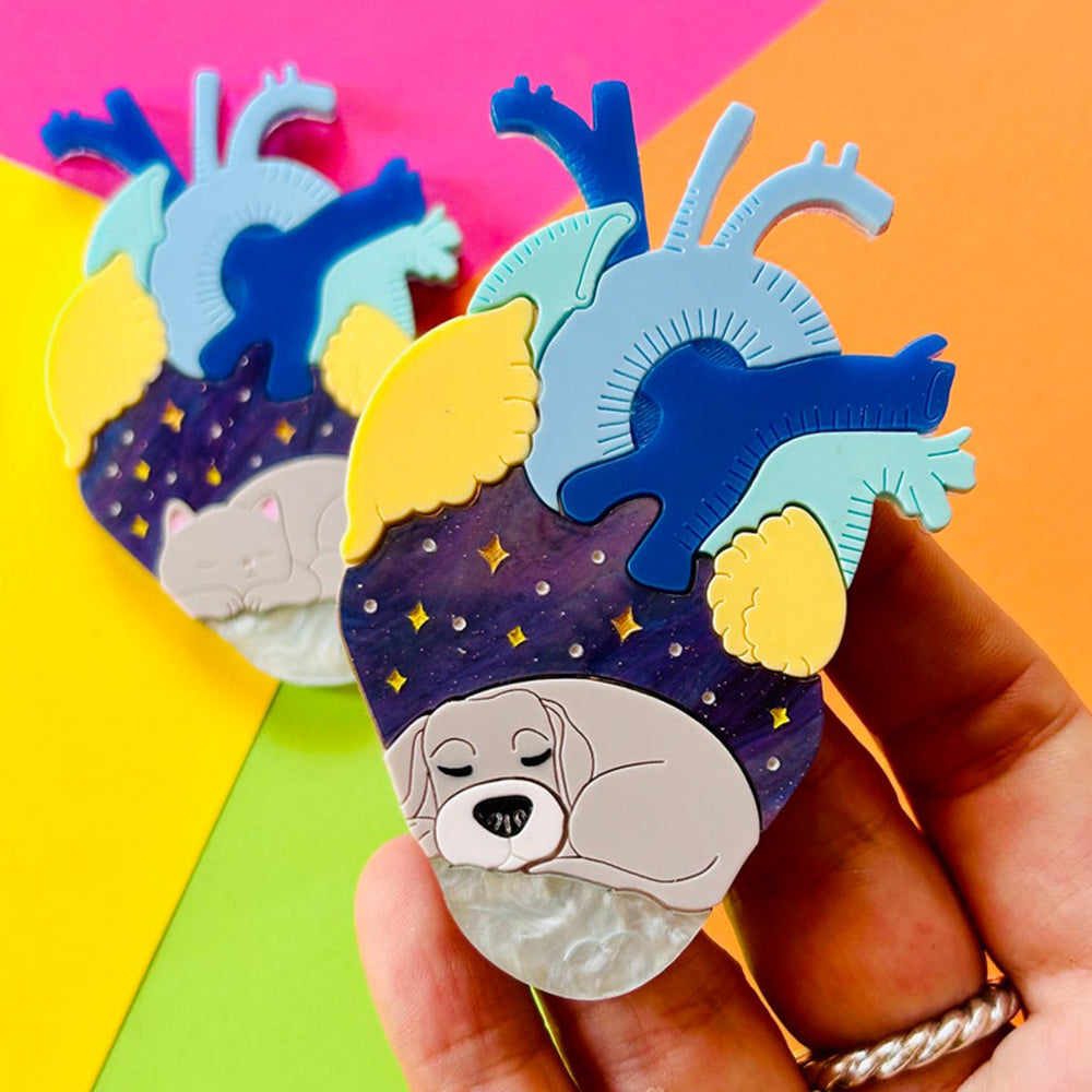 Anatomical Hearts Collection - You Live Here Cat & Dog Acrylic Brooch Pin by Makokot Design - Perfect for Pet Lovers, Fashion Accessories & Gift Giving