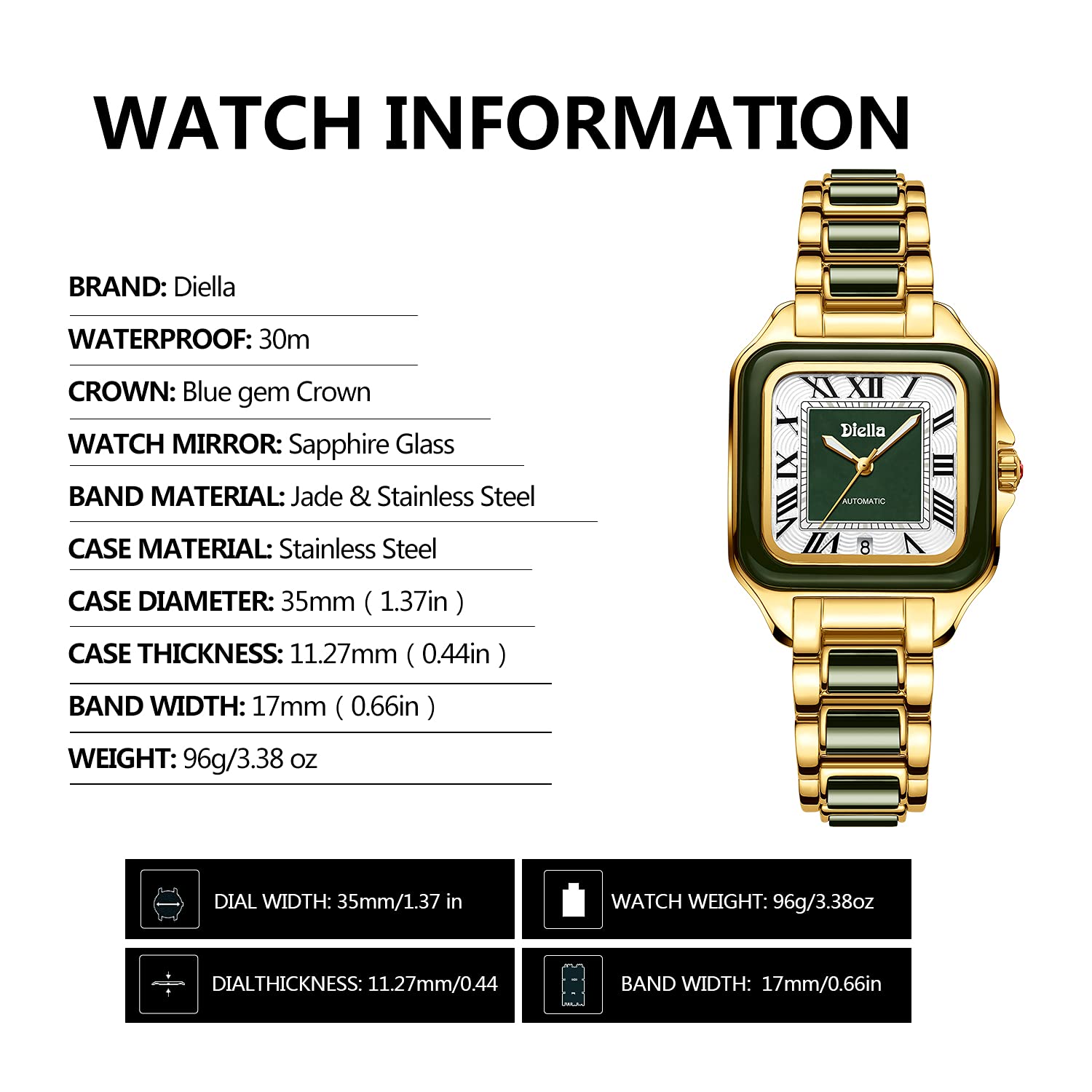 Diella Rectangle Automatic Wrist Watch for Men & Women - Luxury Jade Dial, Stainless Steel Band, Water Resistant | Perfect for Business, Formal Events & Everyday Wear