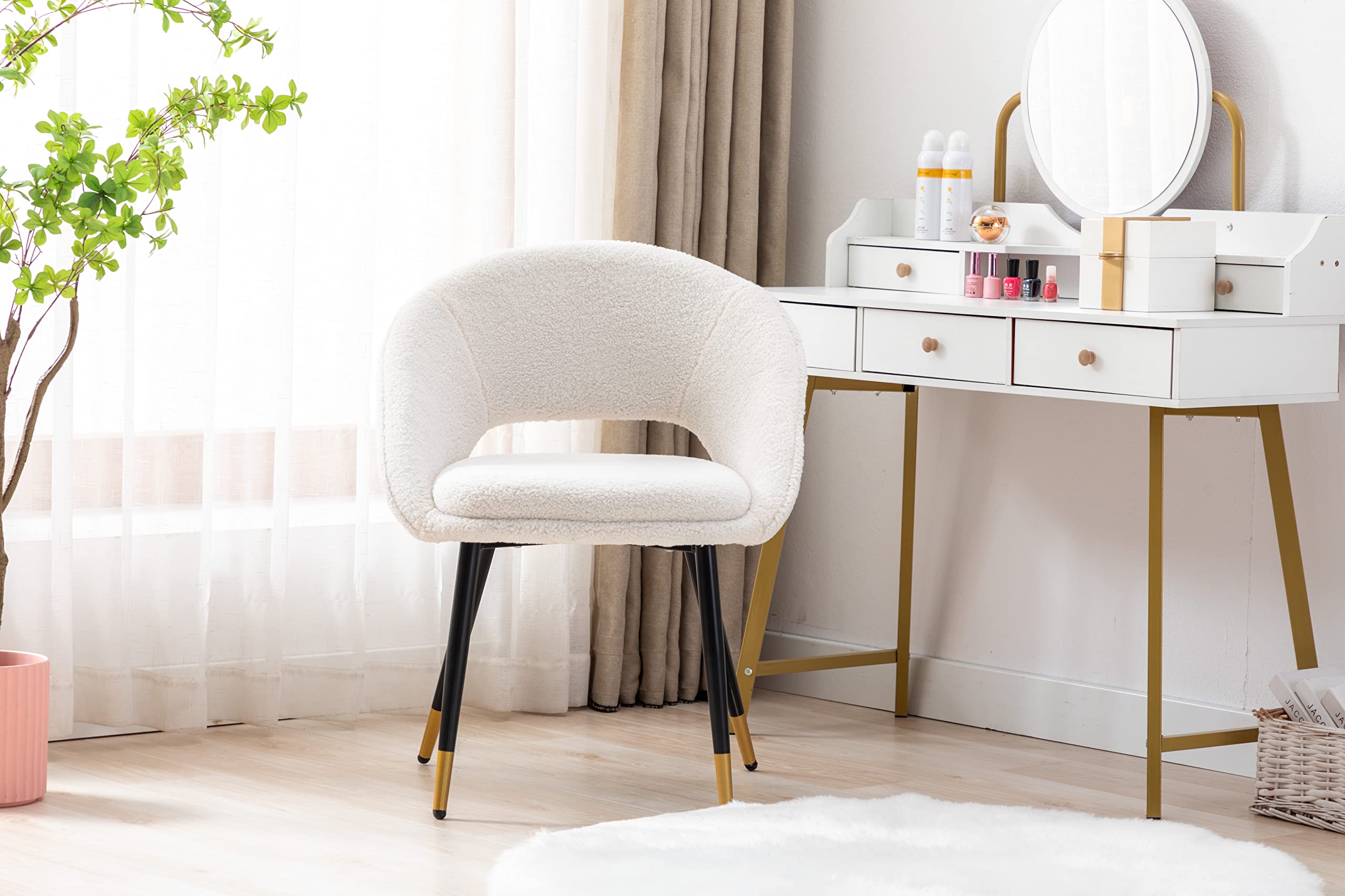 Goujxcy White Faux Fur Upholstered Office Chair - Modern Armchair for Desk, Dining & Living Room - Comfortable Vanity Chair with Sturdy Metal Legs (Perfect for Home Office, Study Room & Lounge Areas)