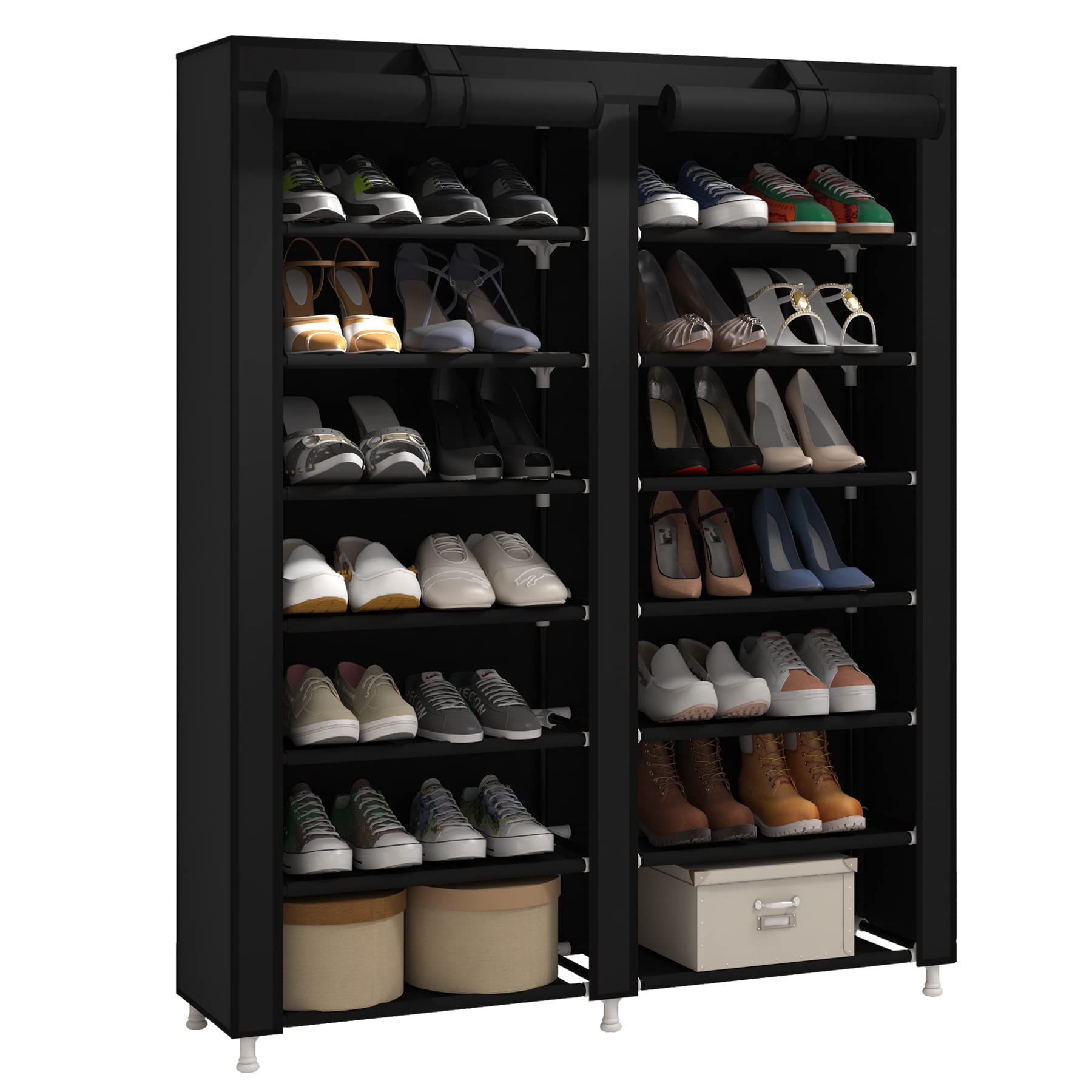 JIUYOTREE 7-Tier Shoe Rack with Dustproof Cover - Space Saving Shoe Storage Organizer for Closet, Holds 28 Pairs of Shoes - Perfect for Entryway, Hallway, Bedroom, Living Room & Apartment Organization (Black)