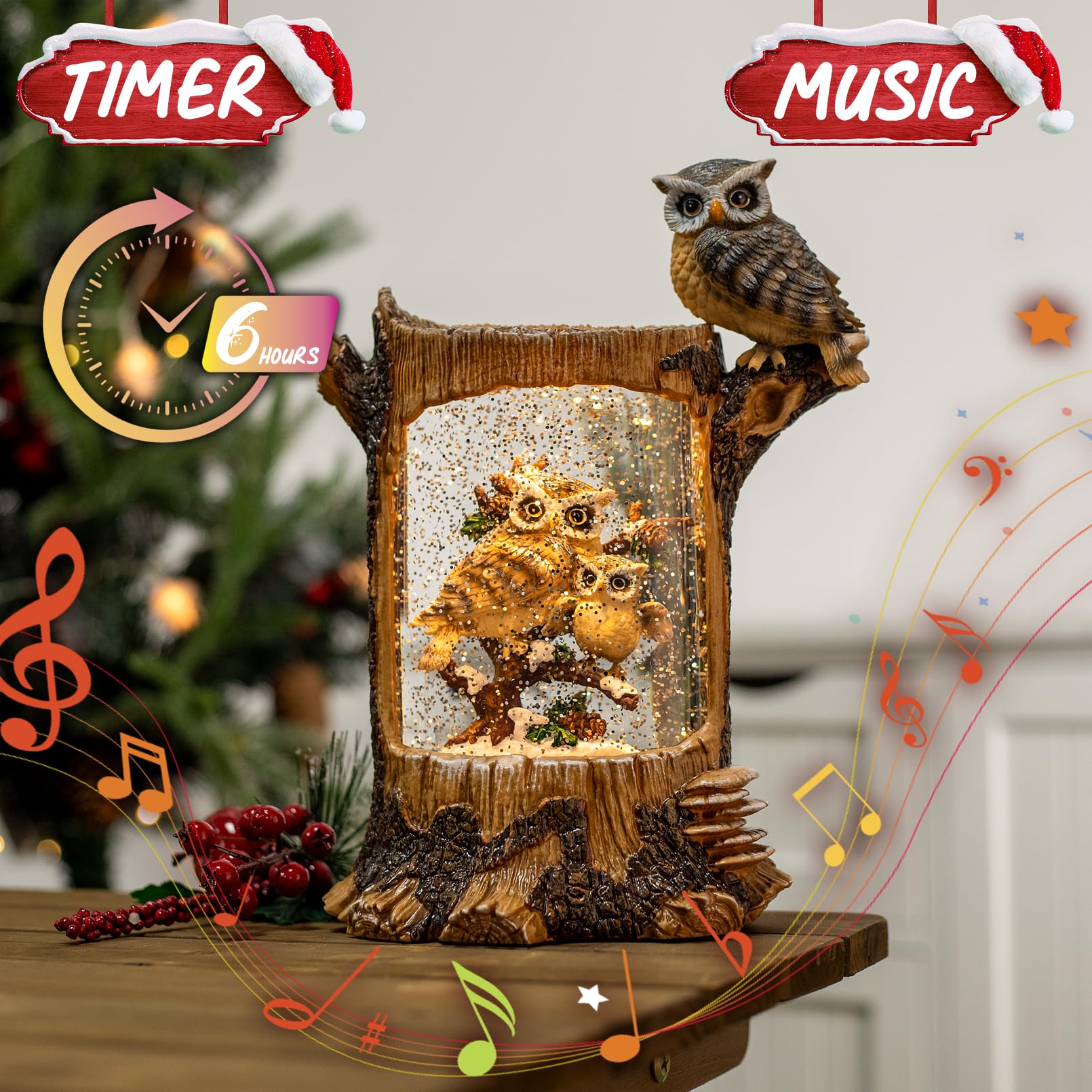 Christmas Owl Family Snow Globe with Music & Timer - Large Glittering Owl Figurine Holiday Decor for Home, Battery & USB Powered - Perfect for Christmas Gifts, Mantel Decor & Winter Wonderland Displays