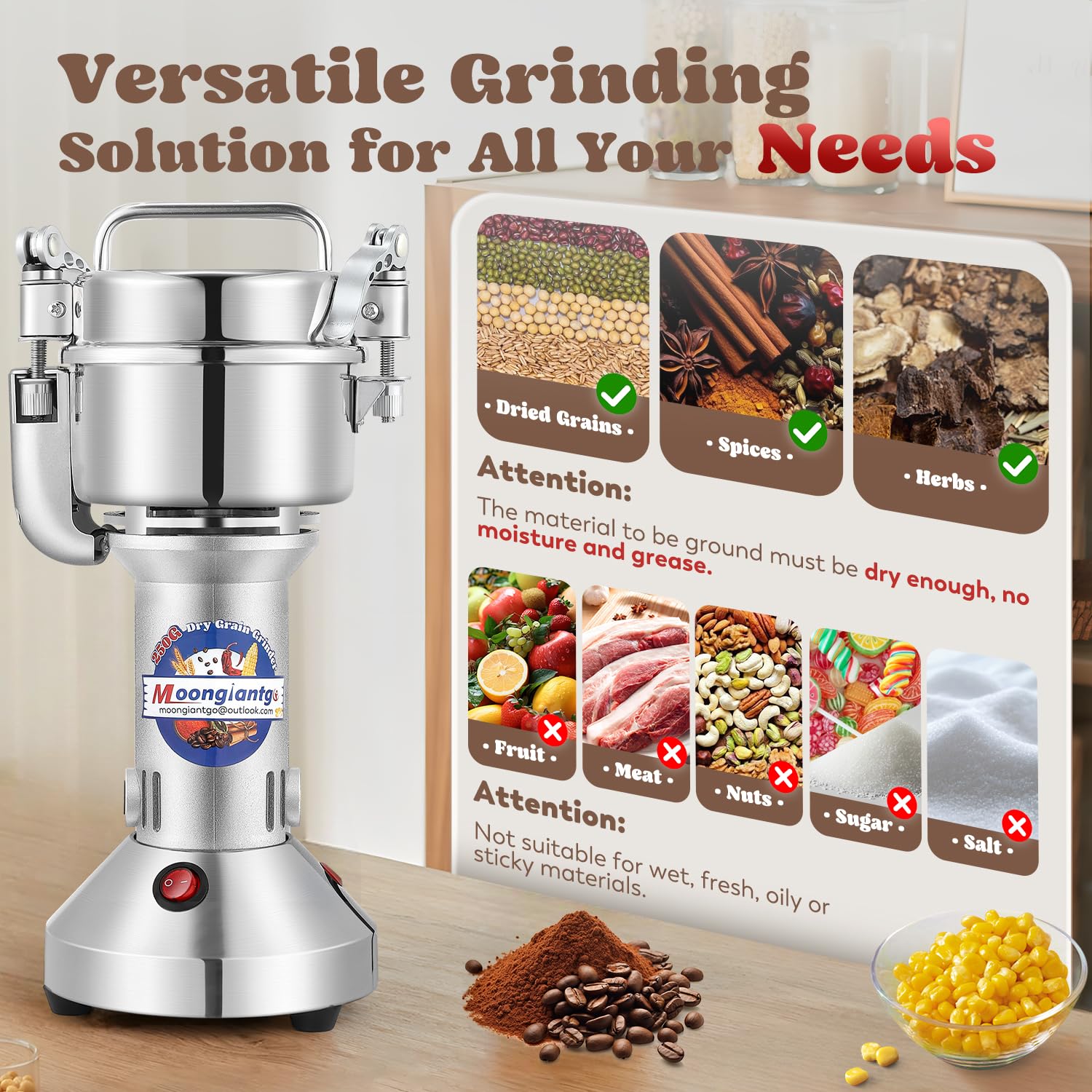 Moongiantgo 950W High-Speed Electric Grain Grinder - Stainless Steel Dry Spice Mill for Wheat, Corn, Rice, Coffee Beans & Herbs - 250g Capacity Safety Grinder for Home & Commercial Kitchen Use (110V) - Perfect for Baking, Coffee Brewing & Spice Preparation