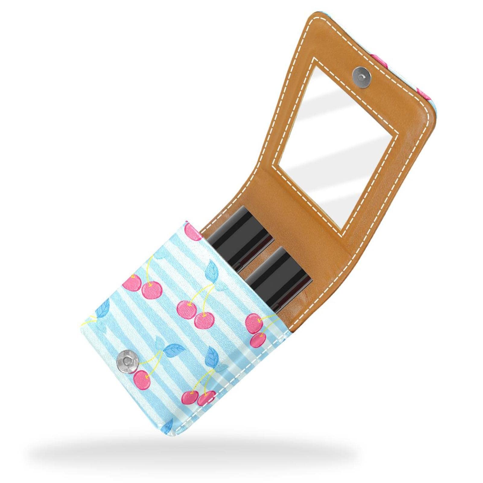 Personalized Lipstick Case - Portable Makeup Bag & Cosmetic Pouch Organizer with Watercolor Red Cherries & Pastel Blue Stripes | Perfect for Travel, Daily Use & Gift Giving