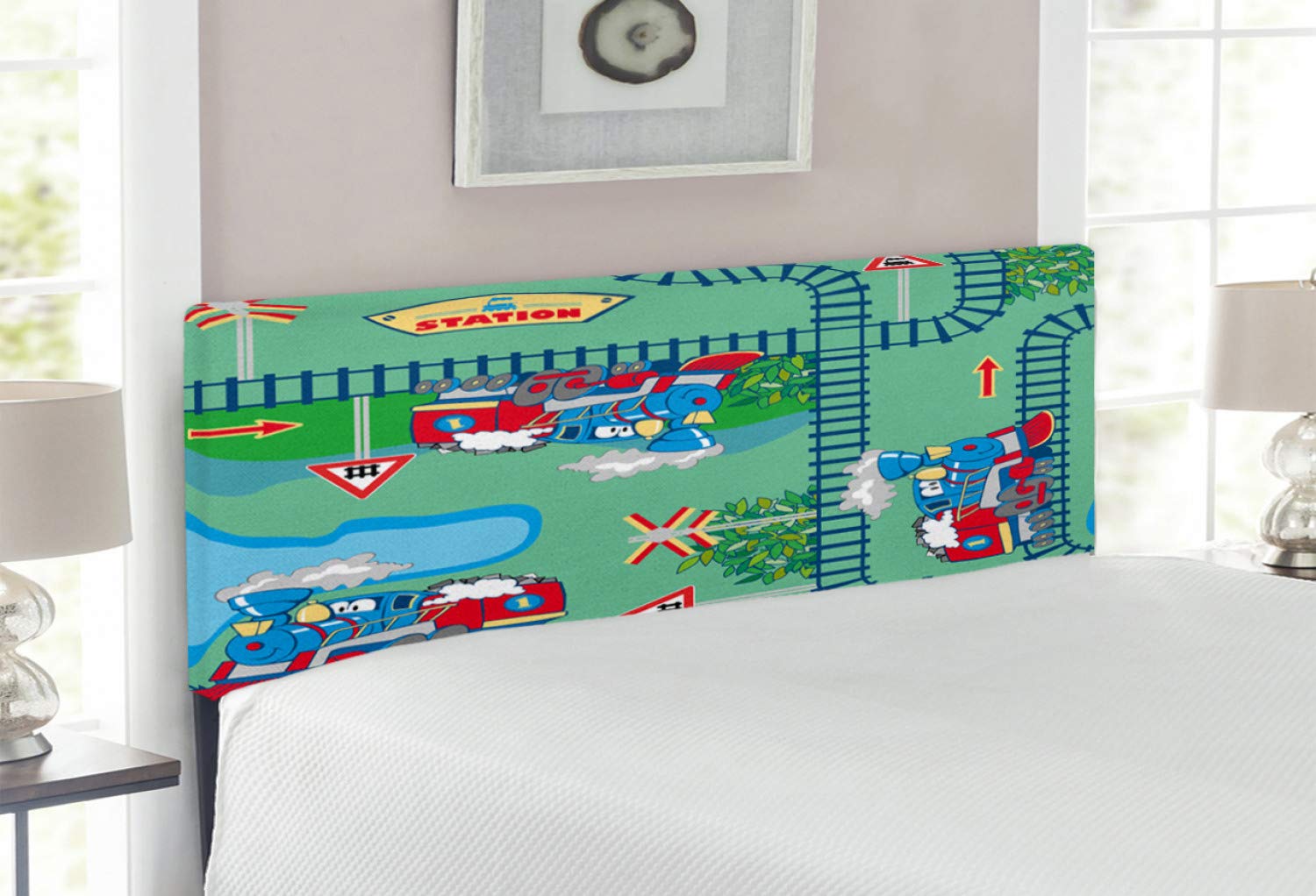 Lunarable Full Size Upholstered Train Headboard - Cartoon Locomotives & Railroad Scenery with Memory Foam, Teal Red Metal Bed Headboard for Kids Room & Train Themed Bedroom Decor