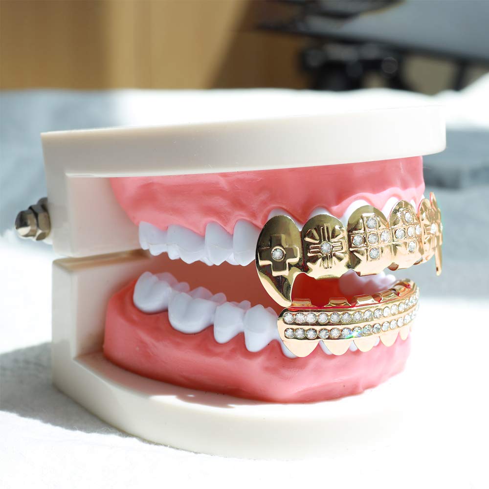 24K Gold Plated Grillz Teeth Set with CZ Diamonds - Top & Bottom Hip Hop Bling Iced Out Grillz for Men | Includes Extra Molding Bars & Microfiber Cloth | Perfect for Rappers, Performances & Special Events