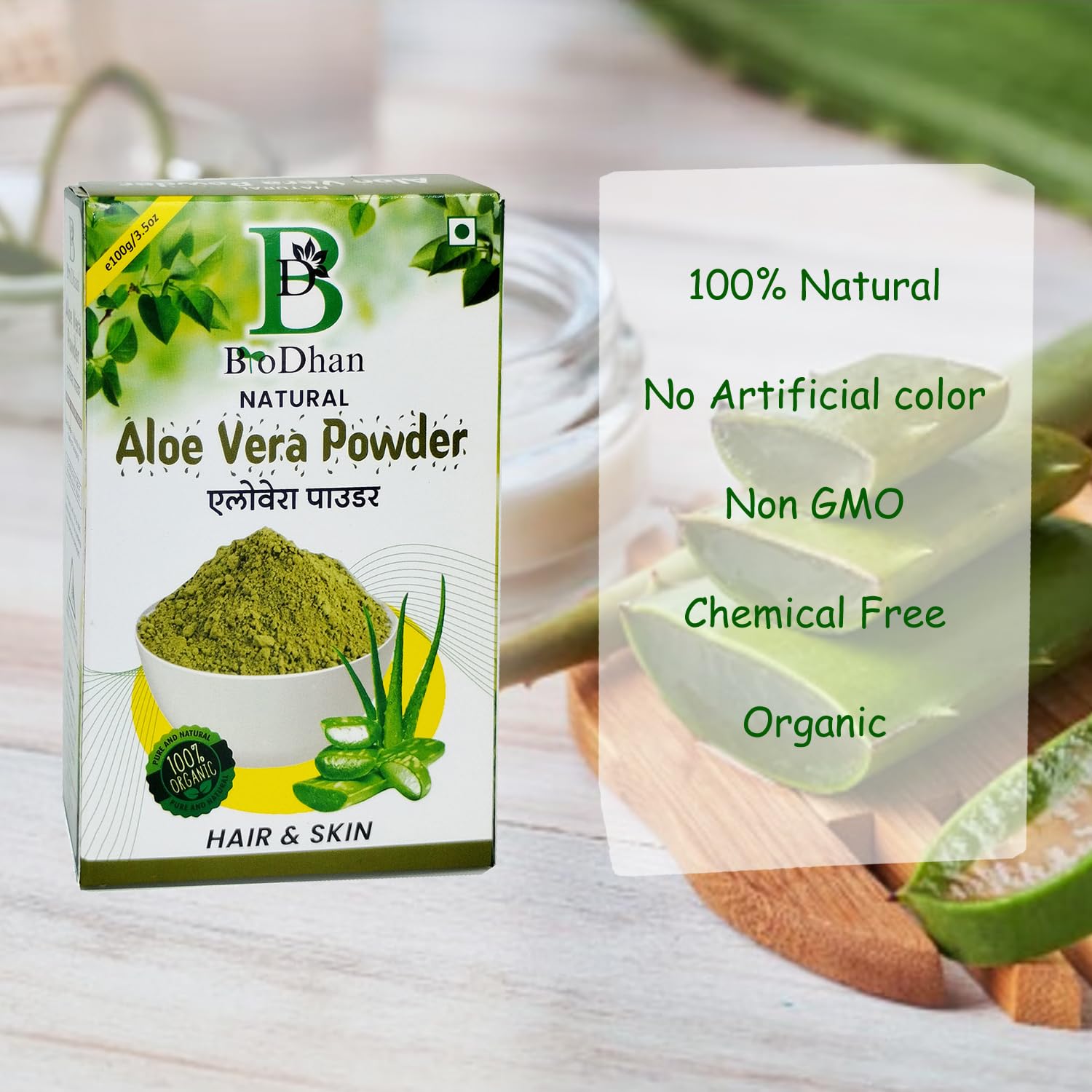 Organic Aloe Vera Powder for Face, Skin & Hair Care - BioDhan Ayurveda Pure Aloe Powder | Natural Skin Hydration, Hair Growth & Soothing Facial Mask Ingredient