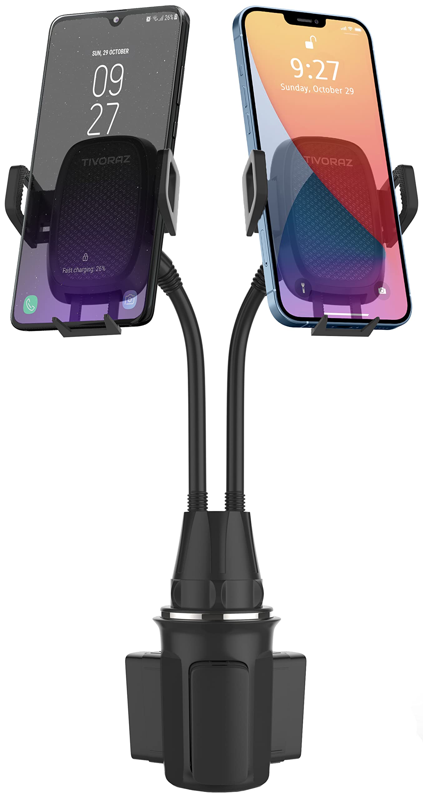 TIVORAZ Dual Car Cup Holder Phone Mount - Adjustable & Expandable Base for iPhone, Samsung & GPS Devices | Perfect for Road Trips, Uber Drivers & Hands-Free Navigation