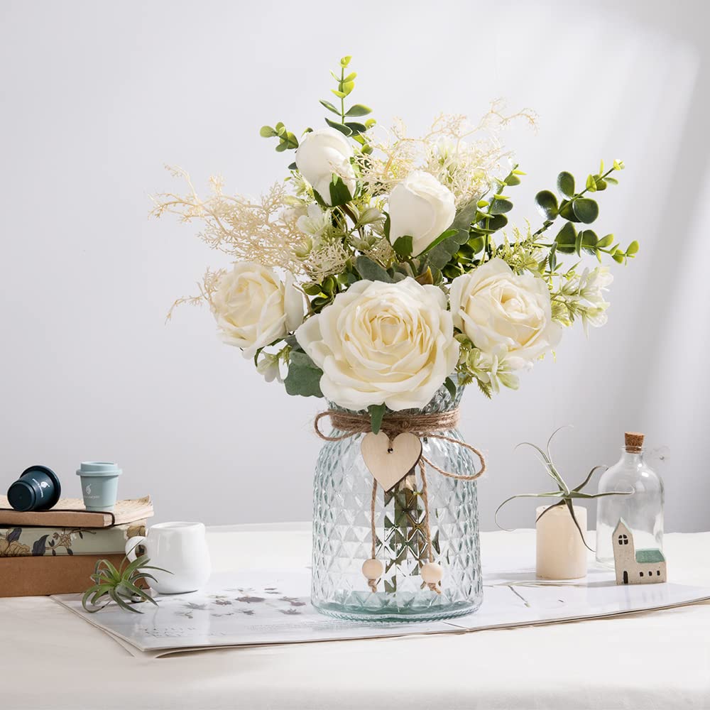 Silk Rose Flowers in Glass Vase - Artificial White Rose Floral Arrangement for Home Decor, Wedding Centerpiece & Table Decoration | Elegant Fake Roses for Living Room, Dining Table & Office Desk
